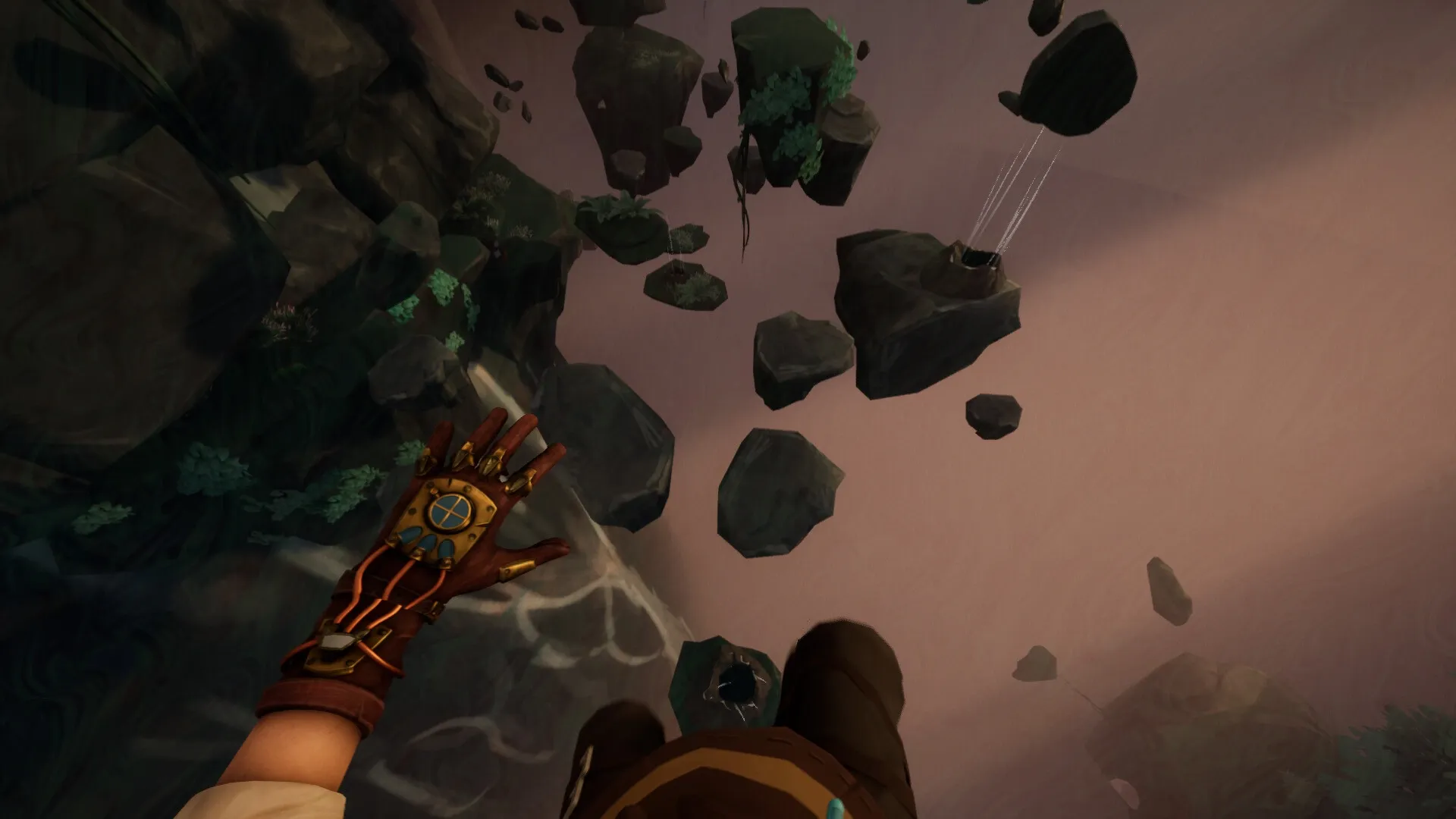 Project Grove: Edric Tayte leaping across floating rocks in a mystical, foggy canyon environment
