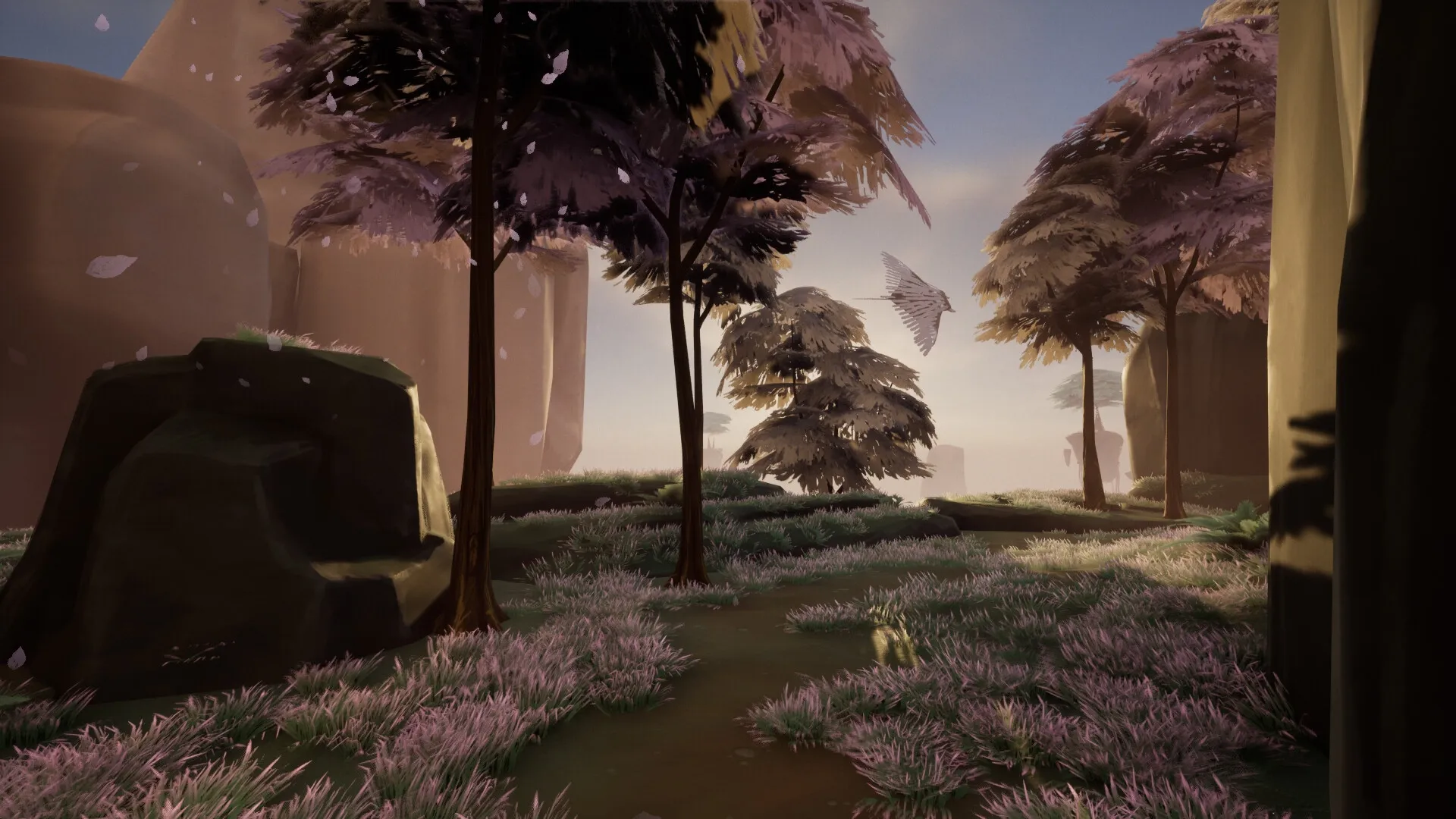 Project Grove: Serene forest path with pink foliage and a bird flying through the misty landscape