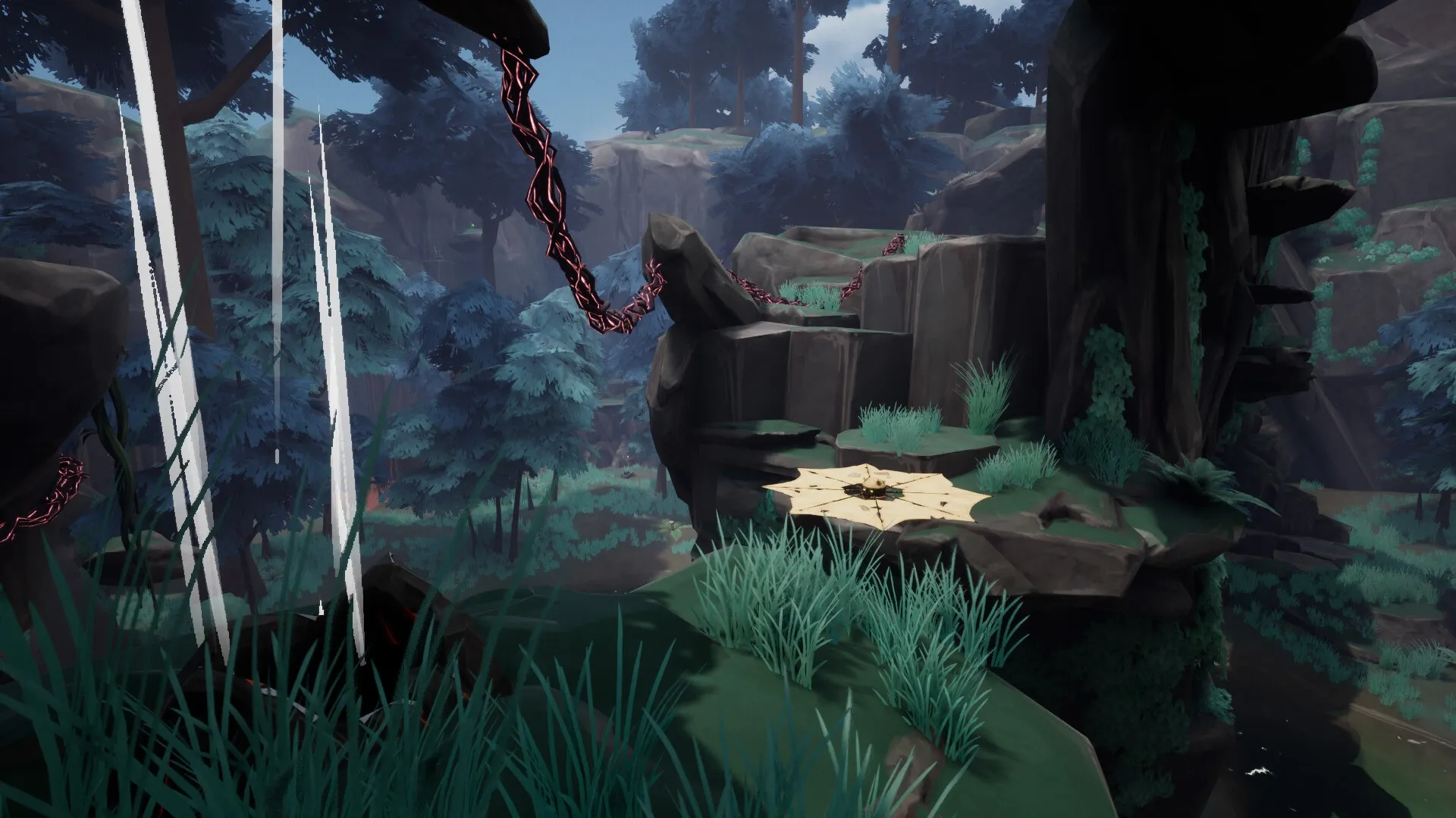 Project Grove: Forest landscape with lush greenery, rocky cliffs, and mysterious glowing red vines