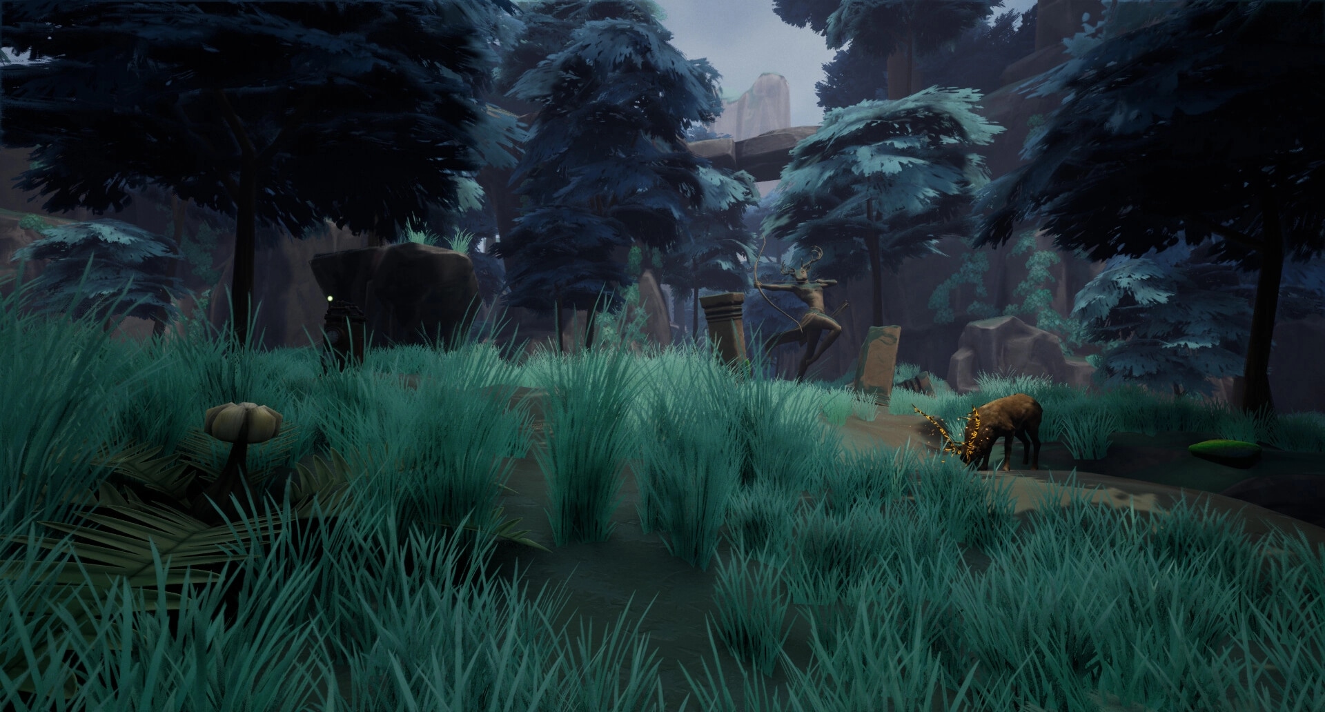 Project Grove: Enchanted forest landscape with glowing-antlered deer and dense, lush vegetation