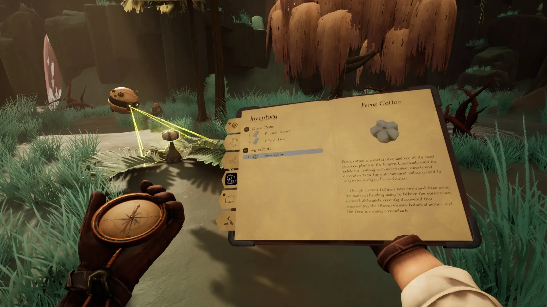 Project Grove: Inventory book and compass in hand with L-P1N scanning mushroom in forest clearing