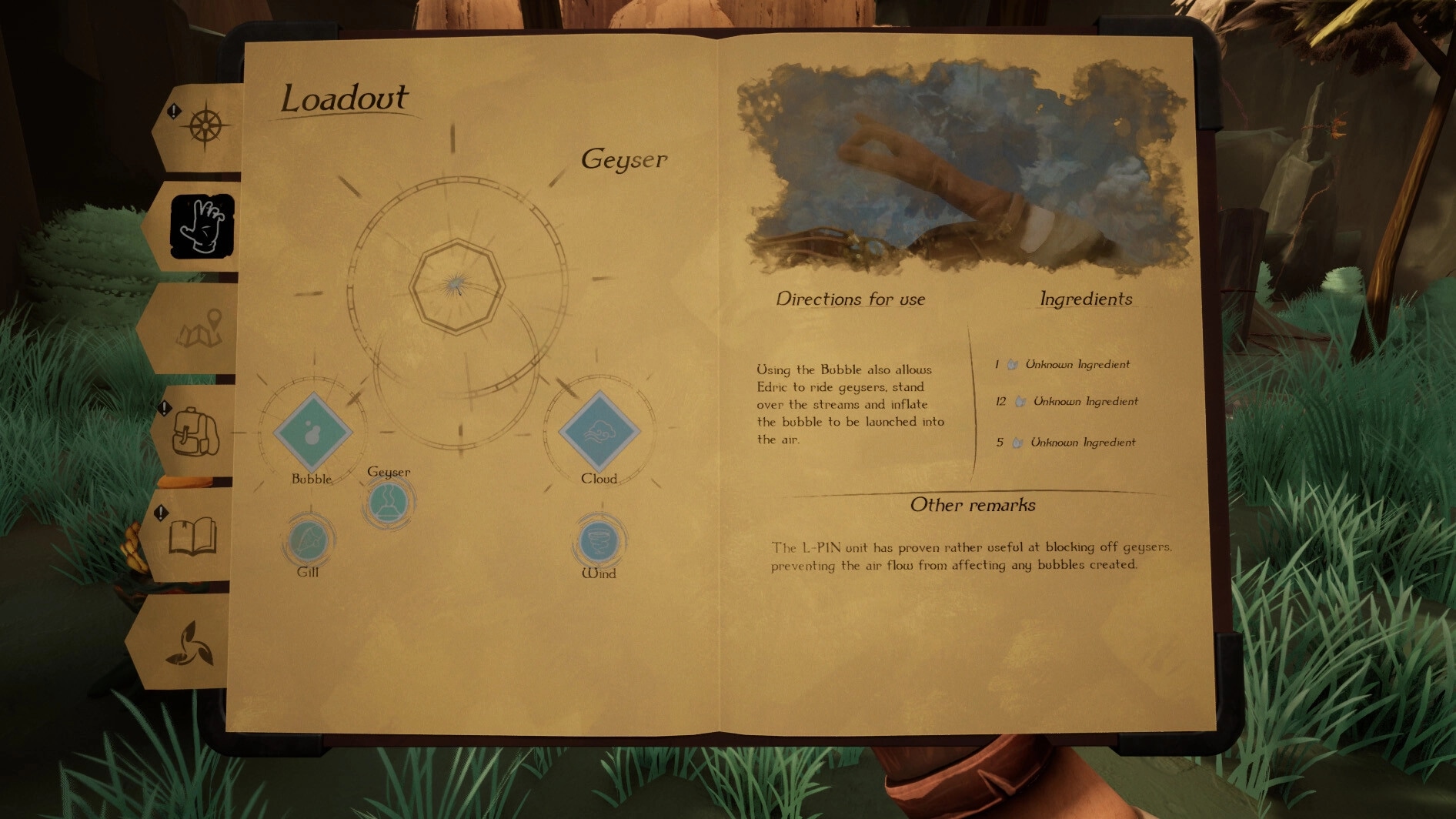 Project Grove: Loadout page with Geyser ability details and unknown ingredients in forest setting