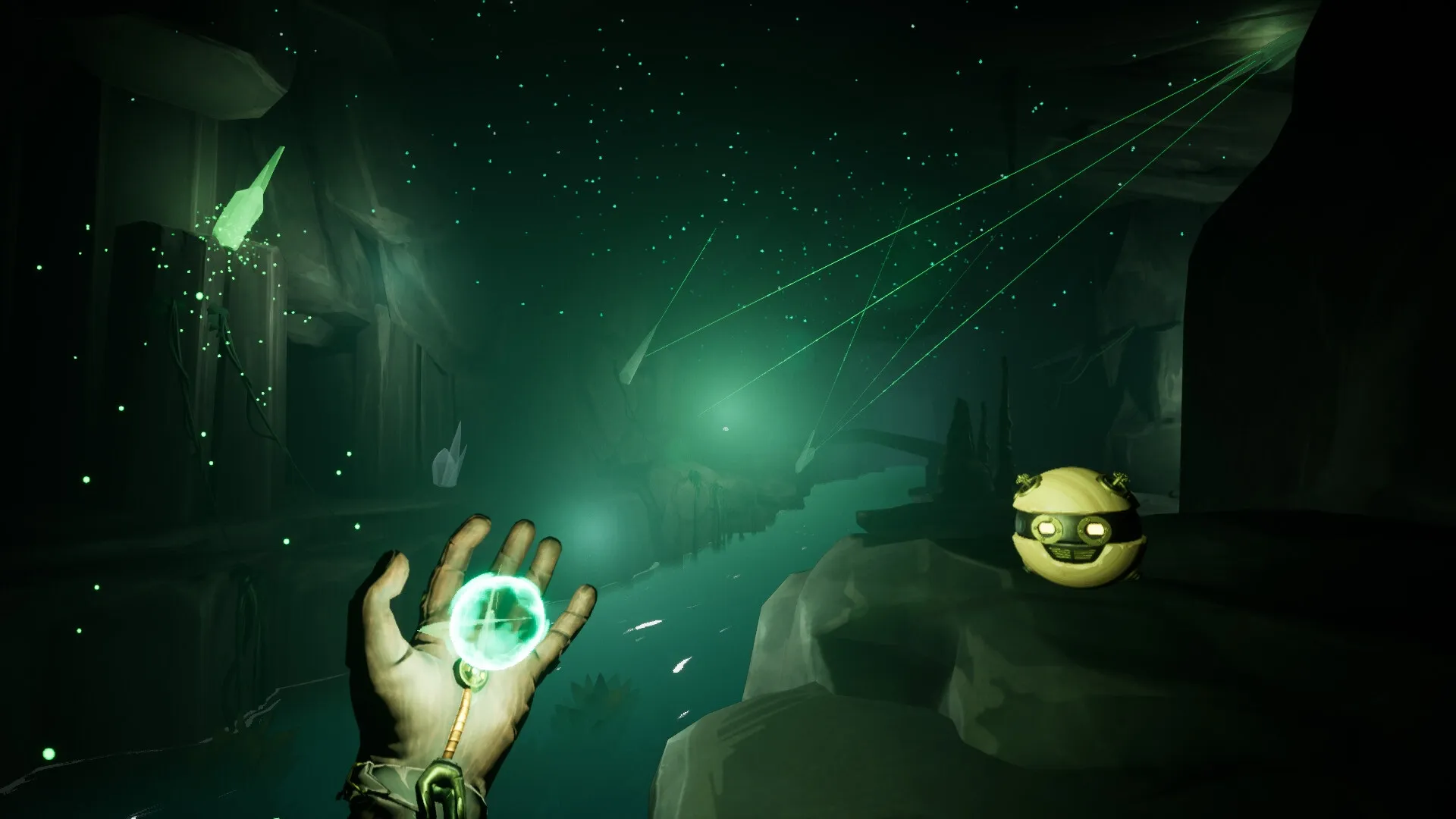 Project Grove: Edric conjures glowing orb in mysterious cave with L-P1N companion observing nearby