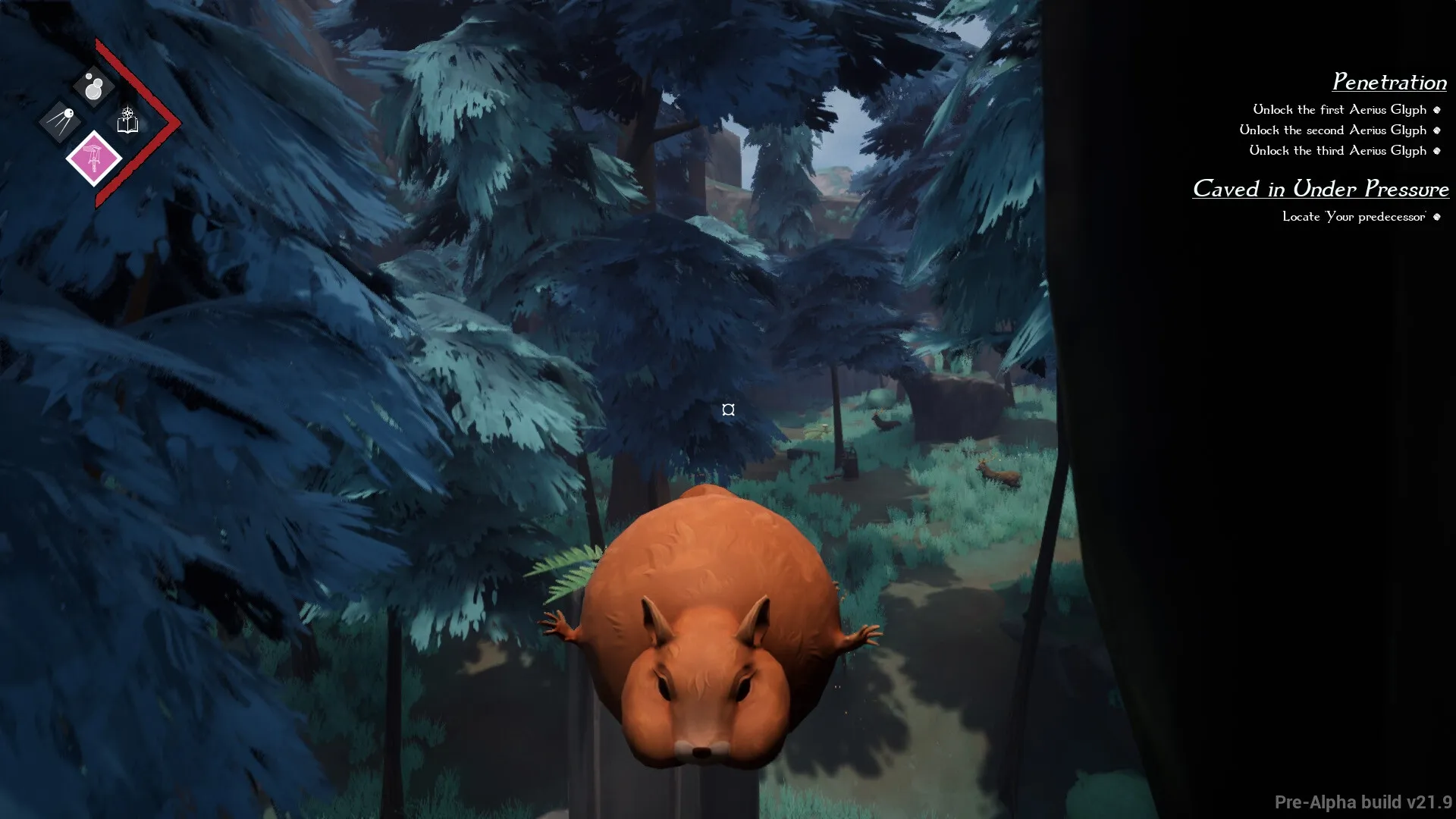 Project Grove: Flying squirrel gliding through dense forest, with quest objectives displayed on screen