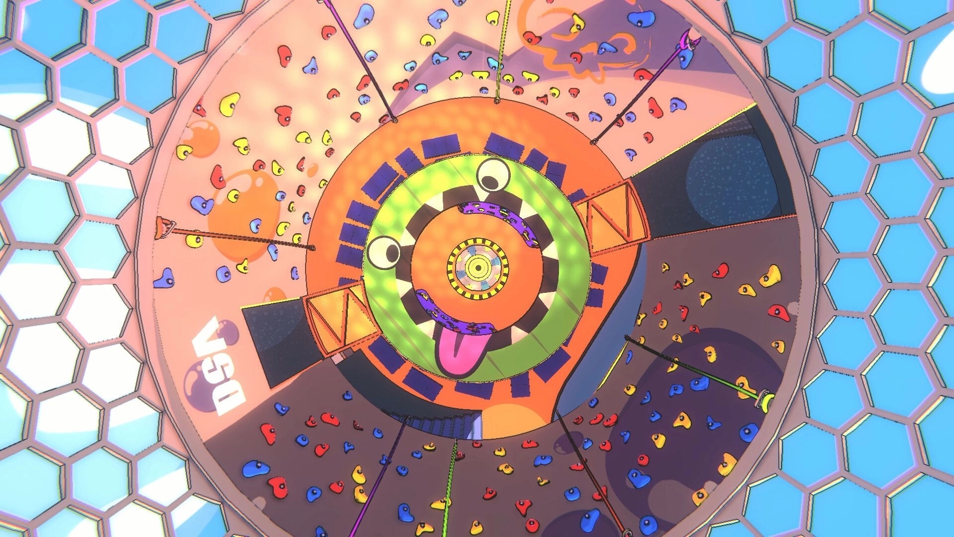 Project: Colorful arena with climbing walls and hexagonal glass ceiling in vibrant skate park setting