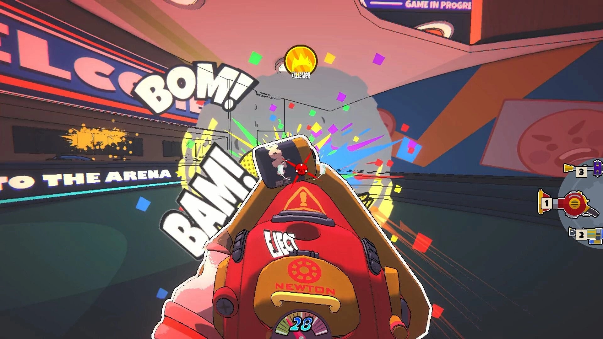 Project: First-person view shooting with HUD and colorful effects in indoor arena setting