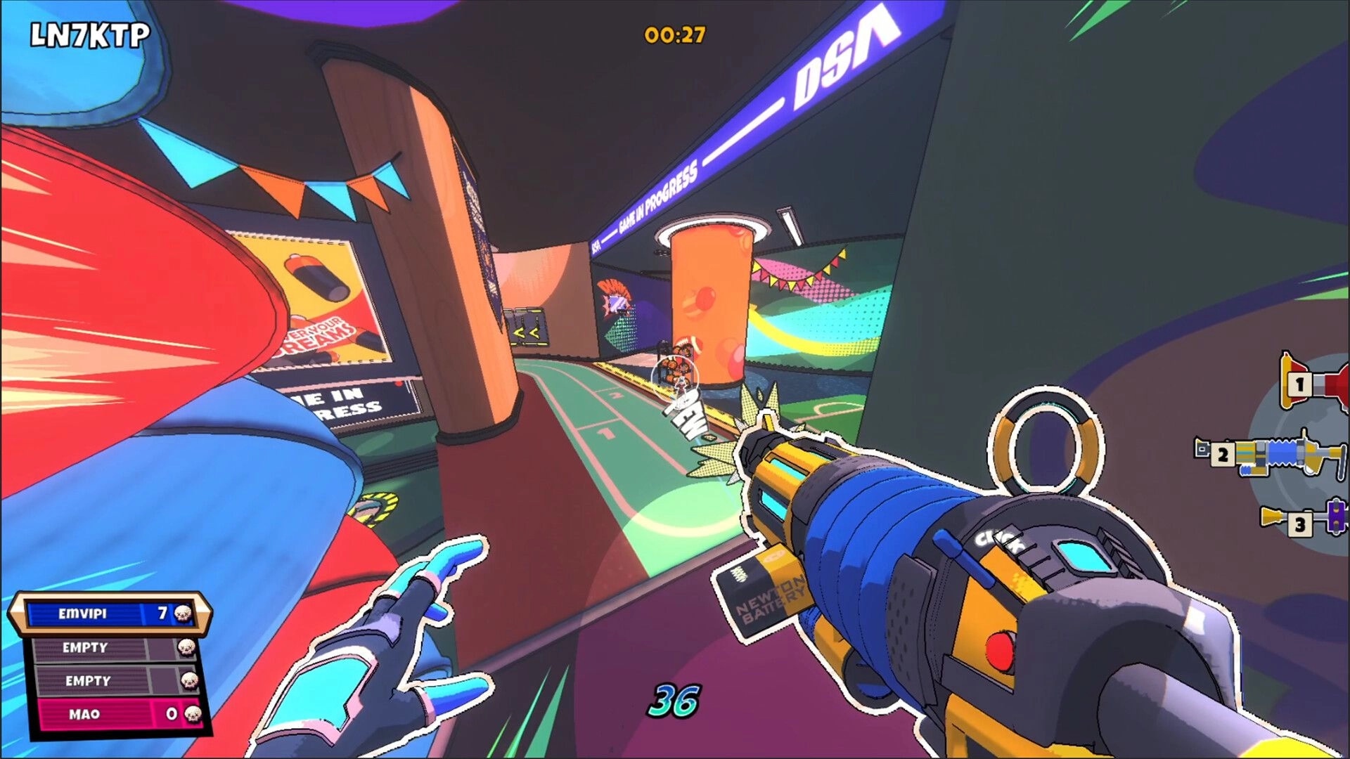 Project: First-person shooting in colorful arena with UI displays and player score visible