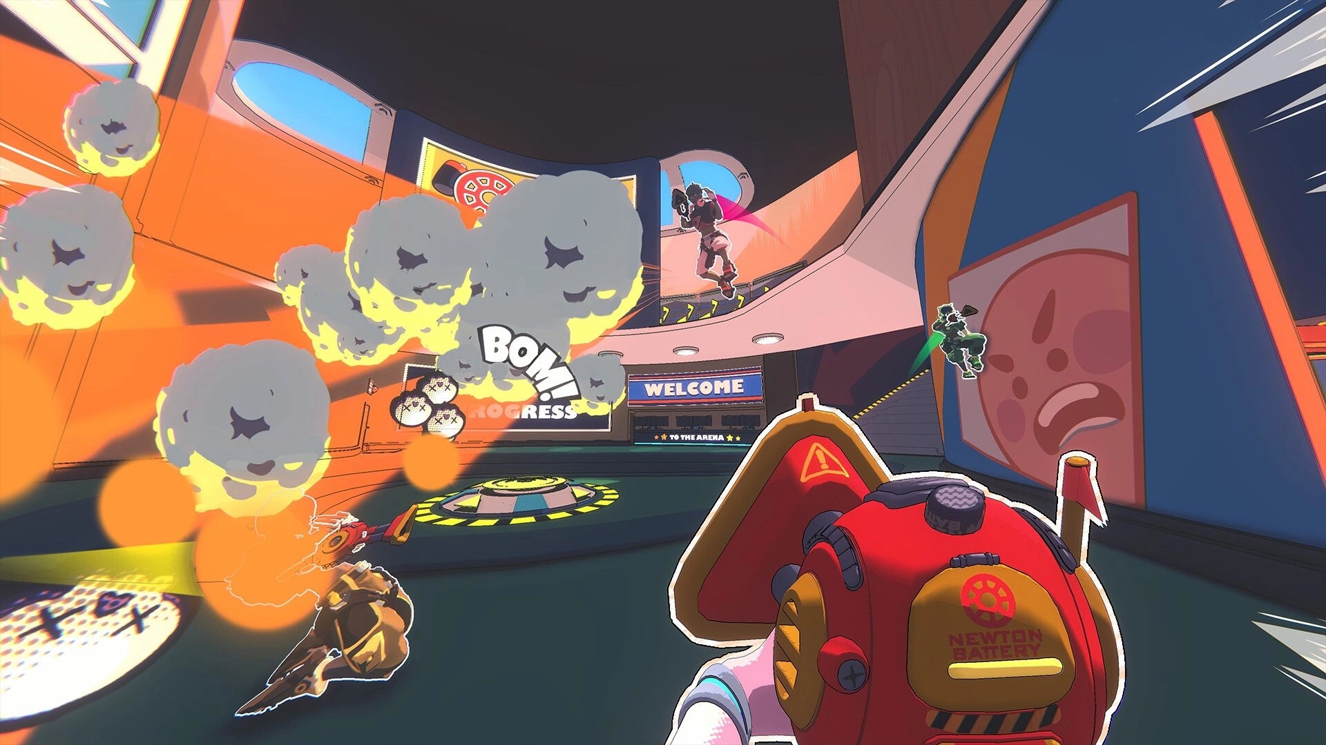 Project: Skater jumps with explosions in vibrant indoor arena with "Welcome to the Arena" sign visible.
