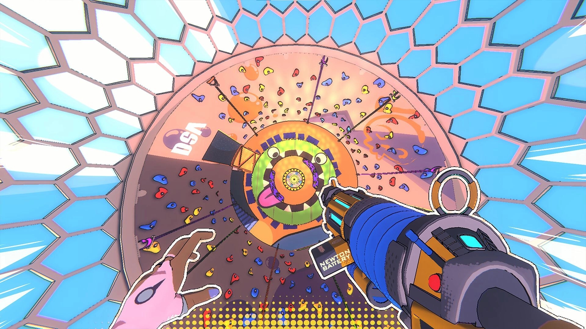 Project: Player aiming gun while skating in colorful hexagonal arena with climbing holds