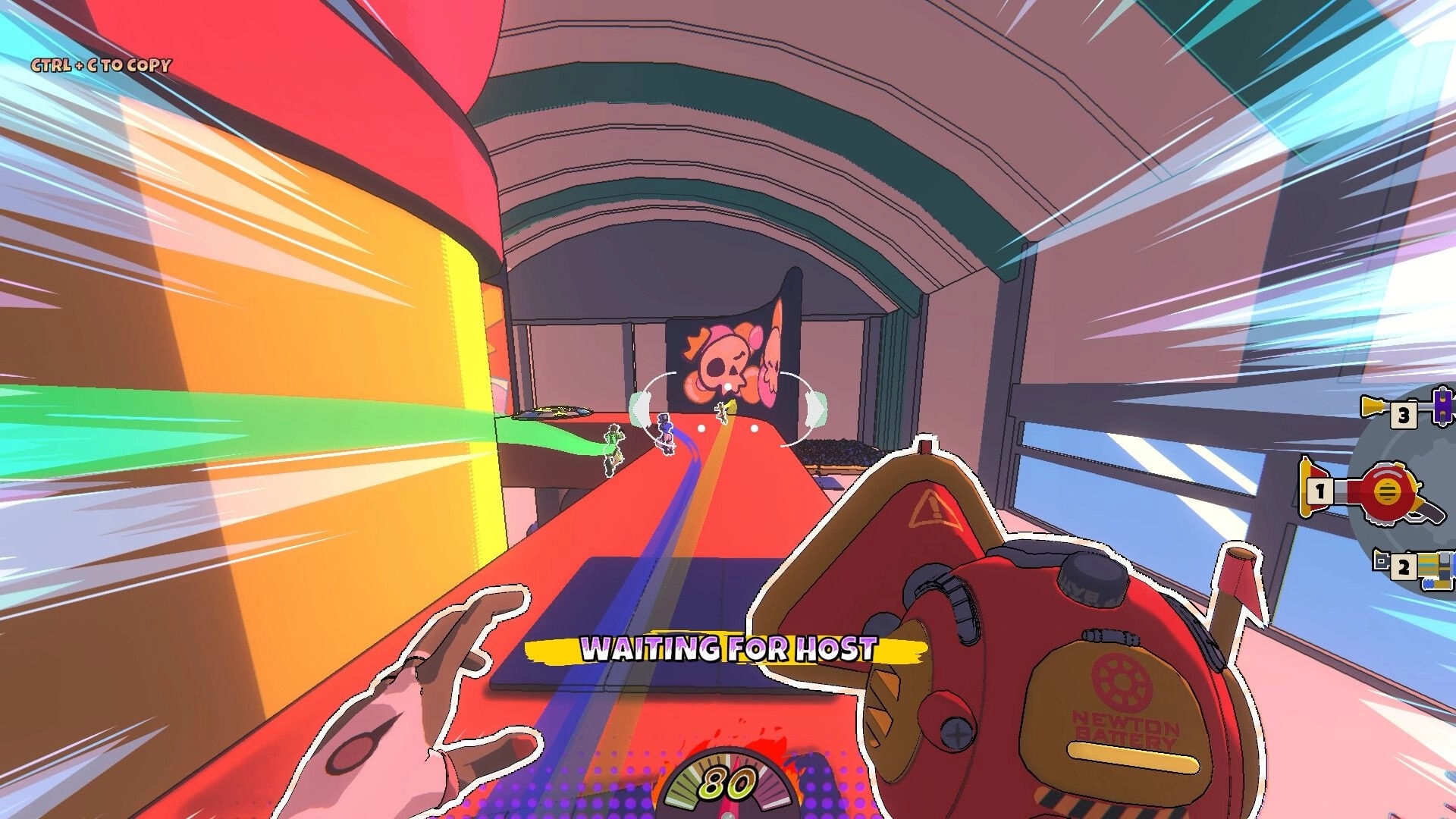 Project: First-person view with skater jumping through vibrant arena, UI showing "Waiting for Host"