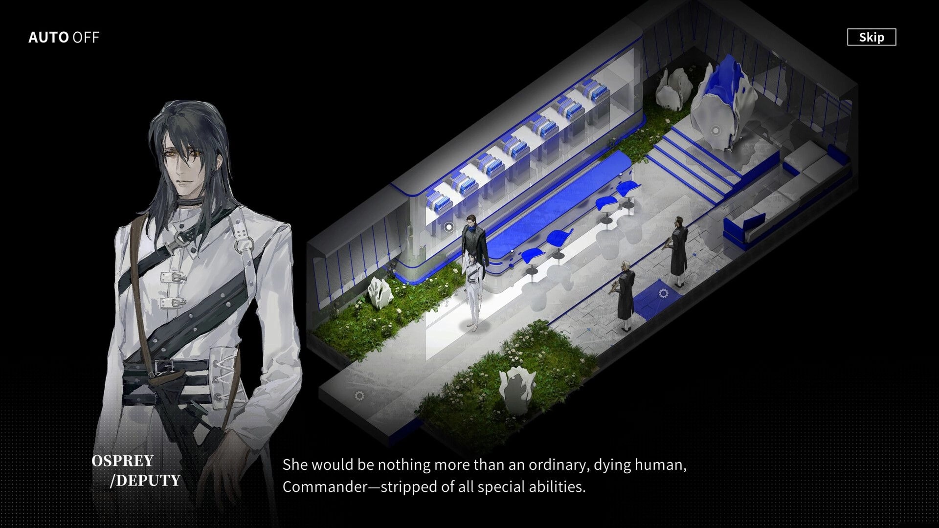 Project II: Osprey dialogue portrait beside isometric bar with blue stools and three NPCs in lobby.