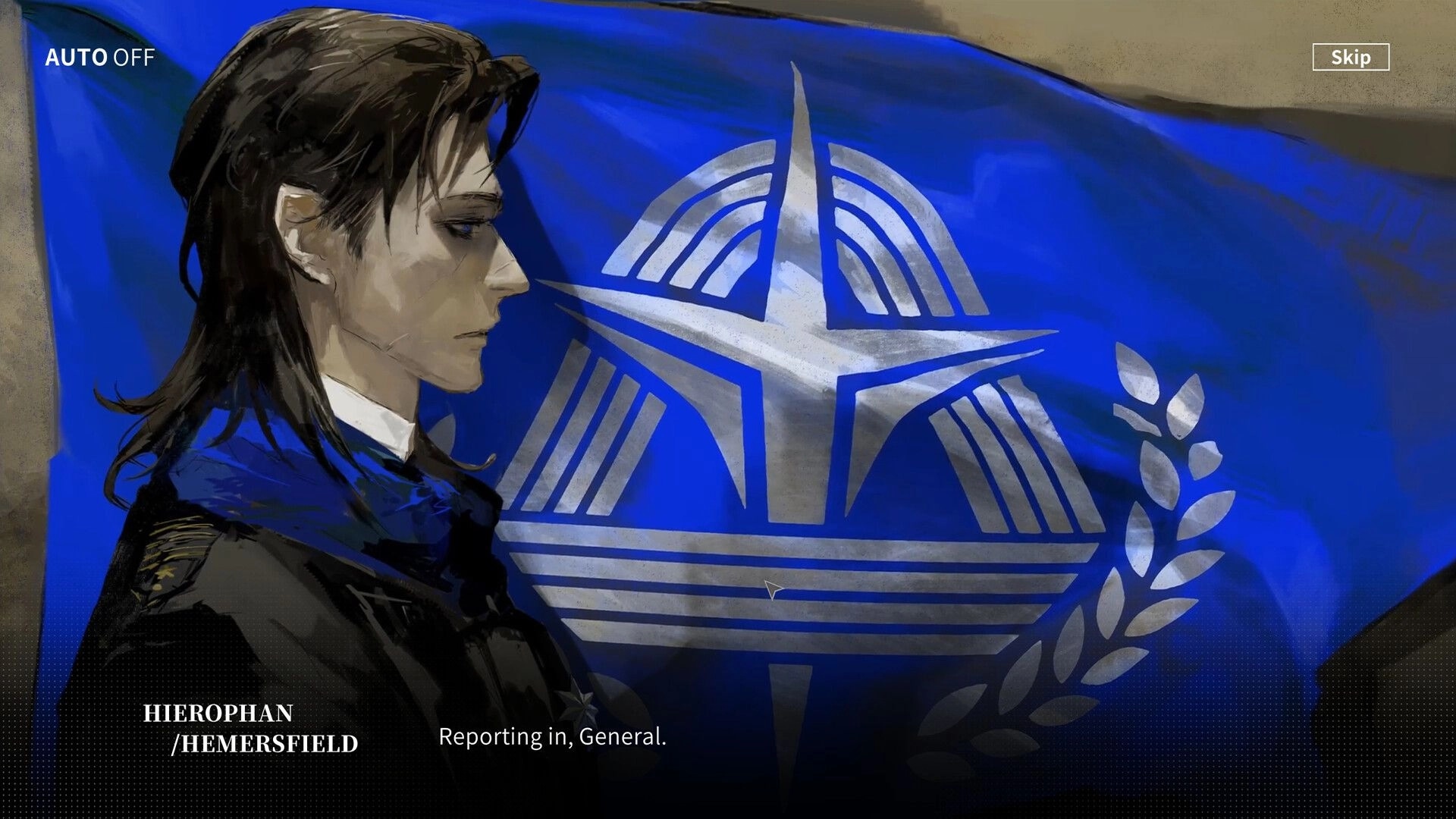 Project II: Hierophan Hemersfield portrait with dialogue text over blue military flag backdrop UI.