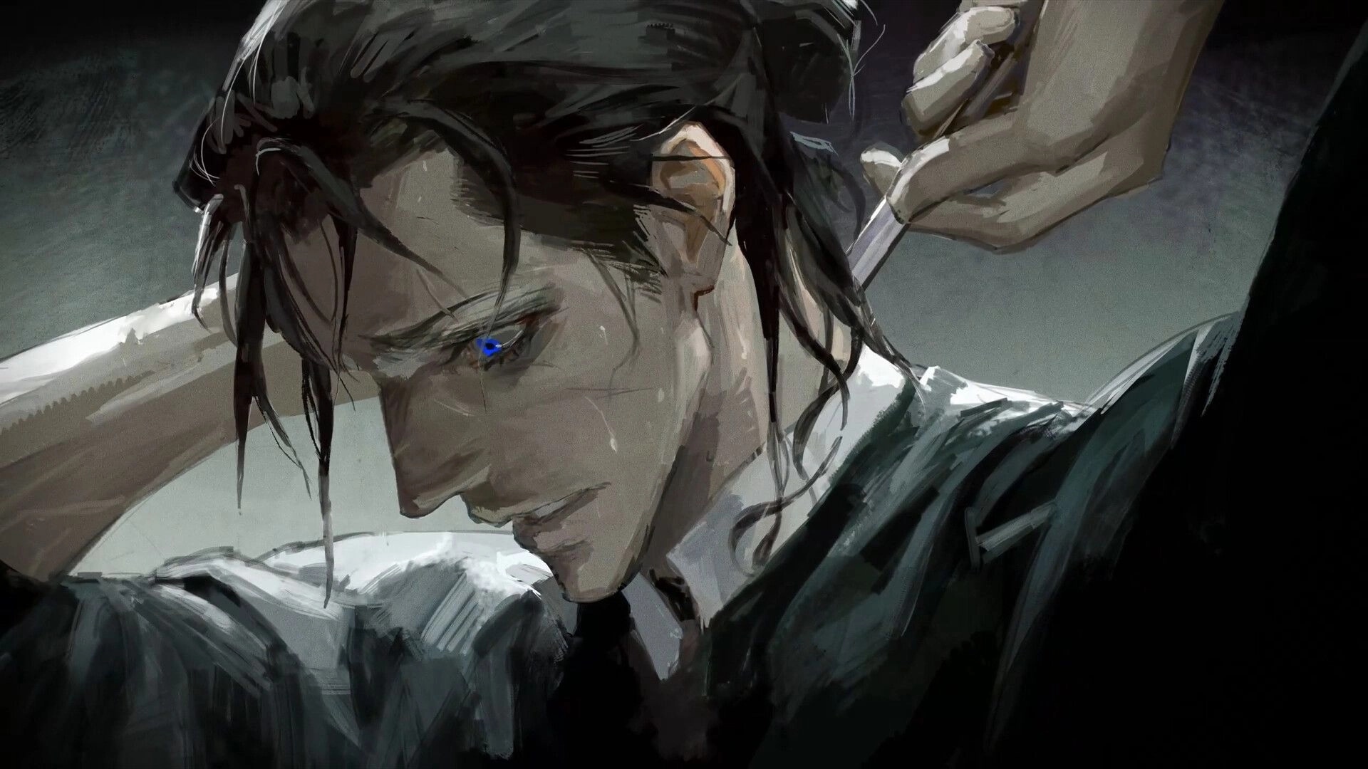 Project II: Close-up portrait of a bruised man with wet hair holding his head in a dim room.