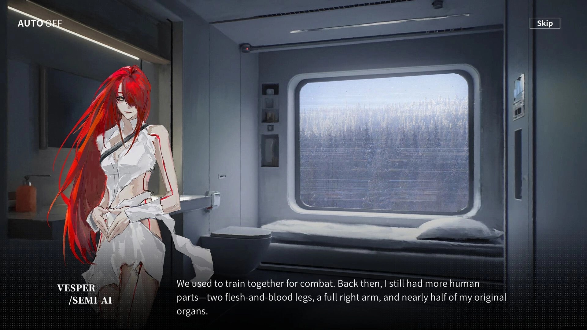 Project II: Vesper semi-AI dialogue scene in a cabin room with bunk bed window view and UI skip button.