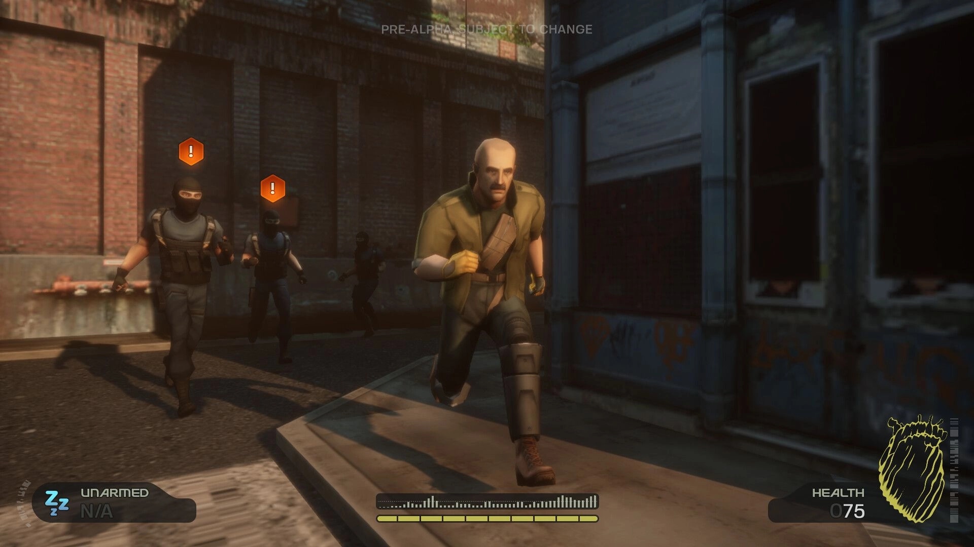 Project KVASIR: Bald character fleeing from alerted guards in a gritty urban alleyway with HUD visible.