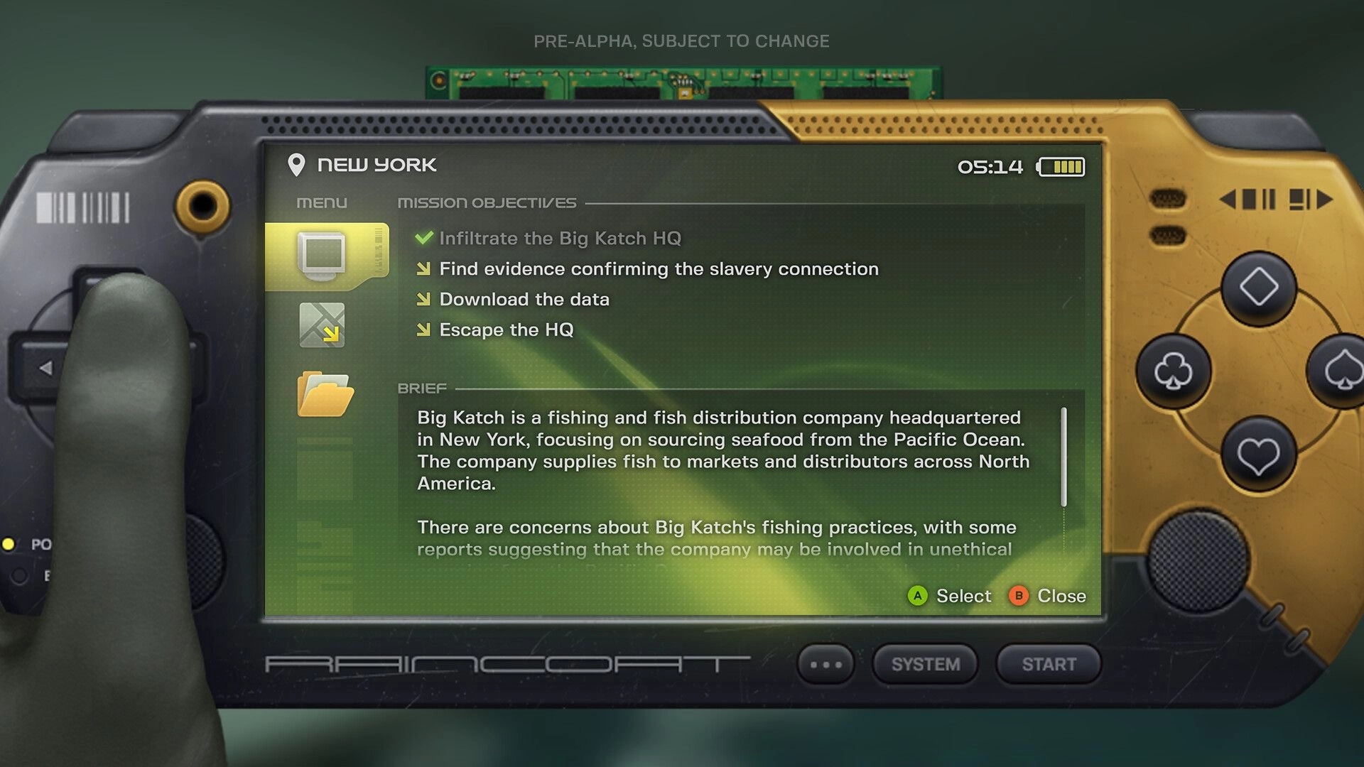 Project KVASIR: Mission briefing screen with objectives and company details on handheld device display
