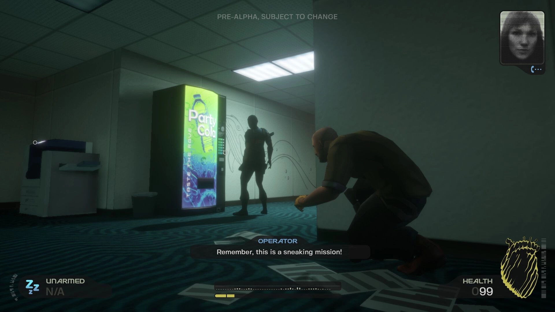 Project KVASIR: Player crouching in office hallway near vending machine during stealth mission