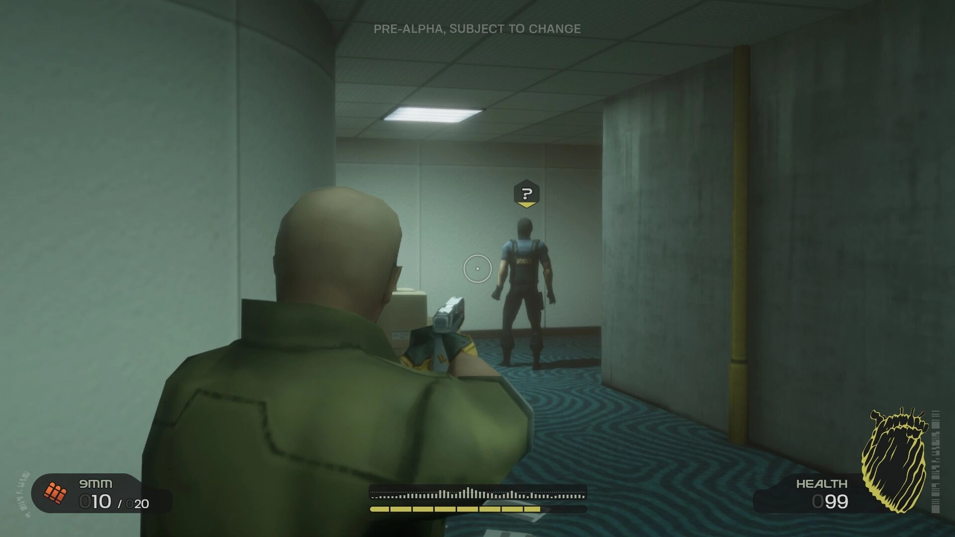 Project KVASIR: Player aiming at a guard in a dimly lit hallway, HUD displays ammo and health levels.