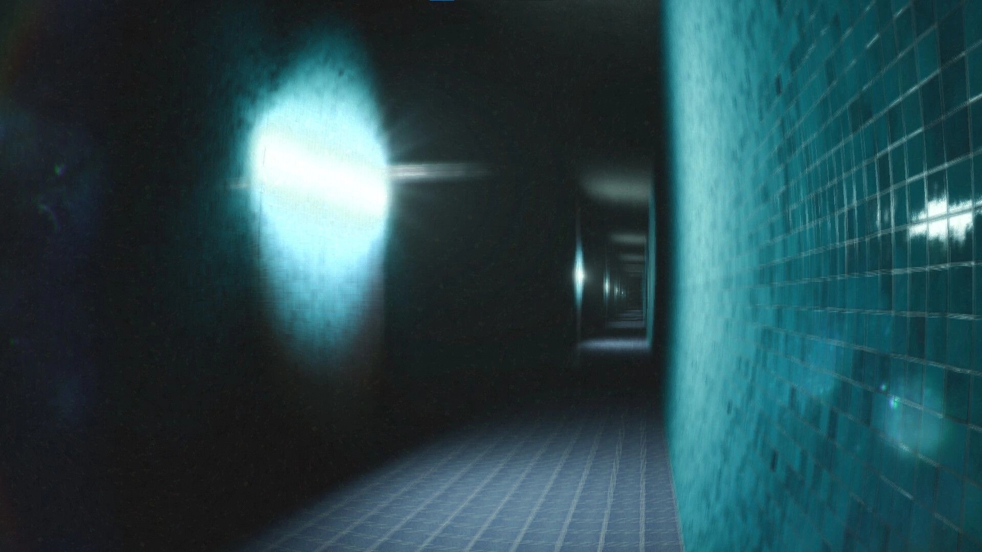 Project Liminal 2: Dimly lit, eerie corridor with tiled walls and distant lights in a surreal environment.