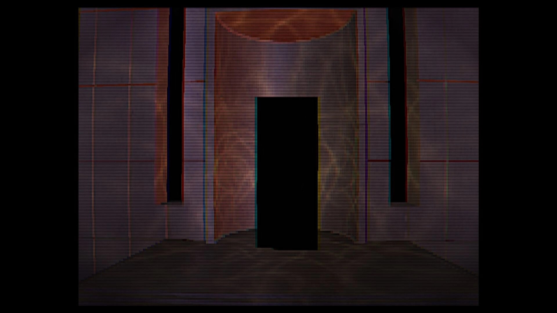 Project Looking Glass: Dark doorway ahead in a tiled corridor with CRT scanlines and heavy static distortion.