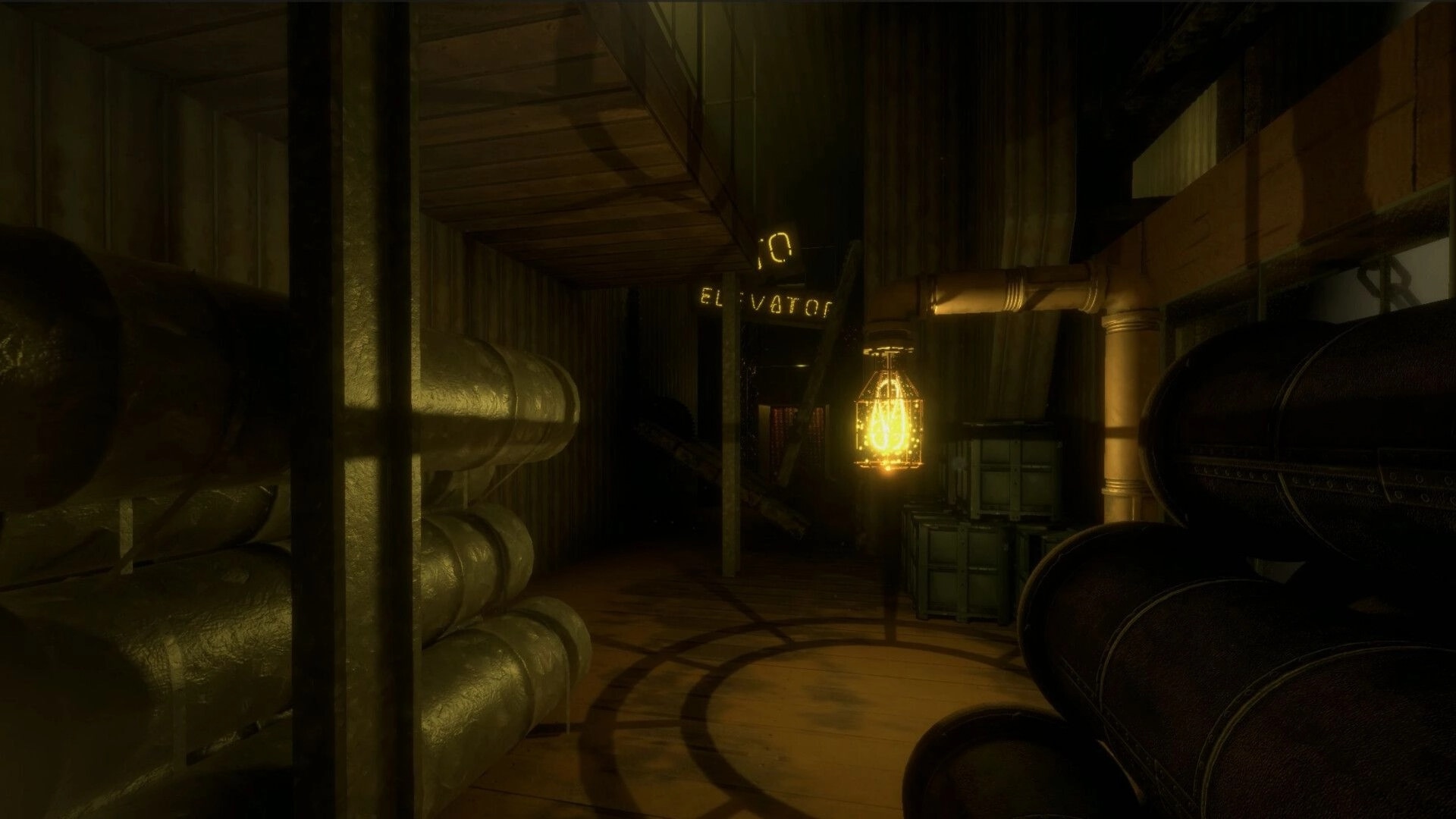 Project OBSCURE: Dimly lit corridor with pipes, crates, and glowing lantern in steampunk facility.