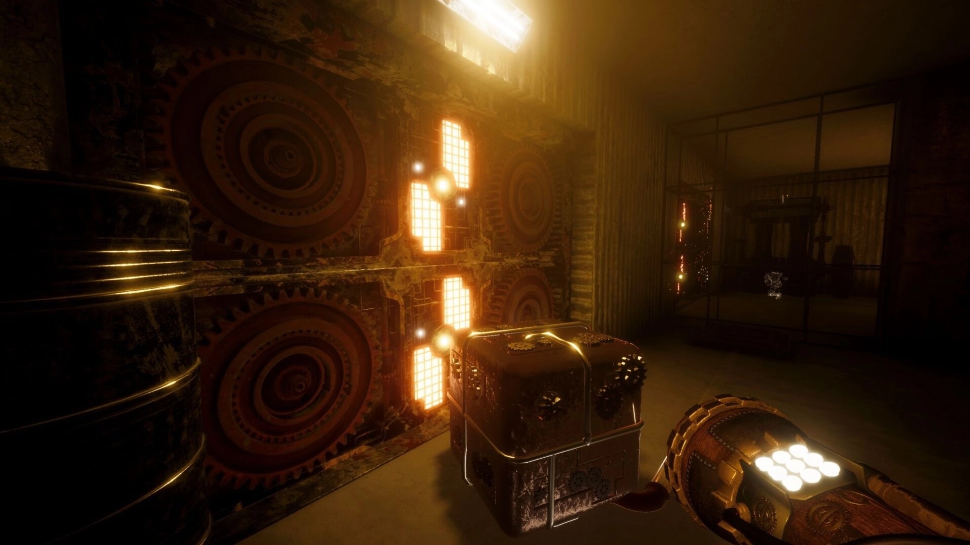 Project OBSCURE: Player holds glowing device near gear-filled wall in dimly lit steampunk chamber