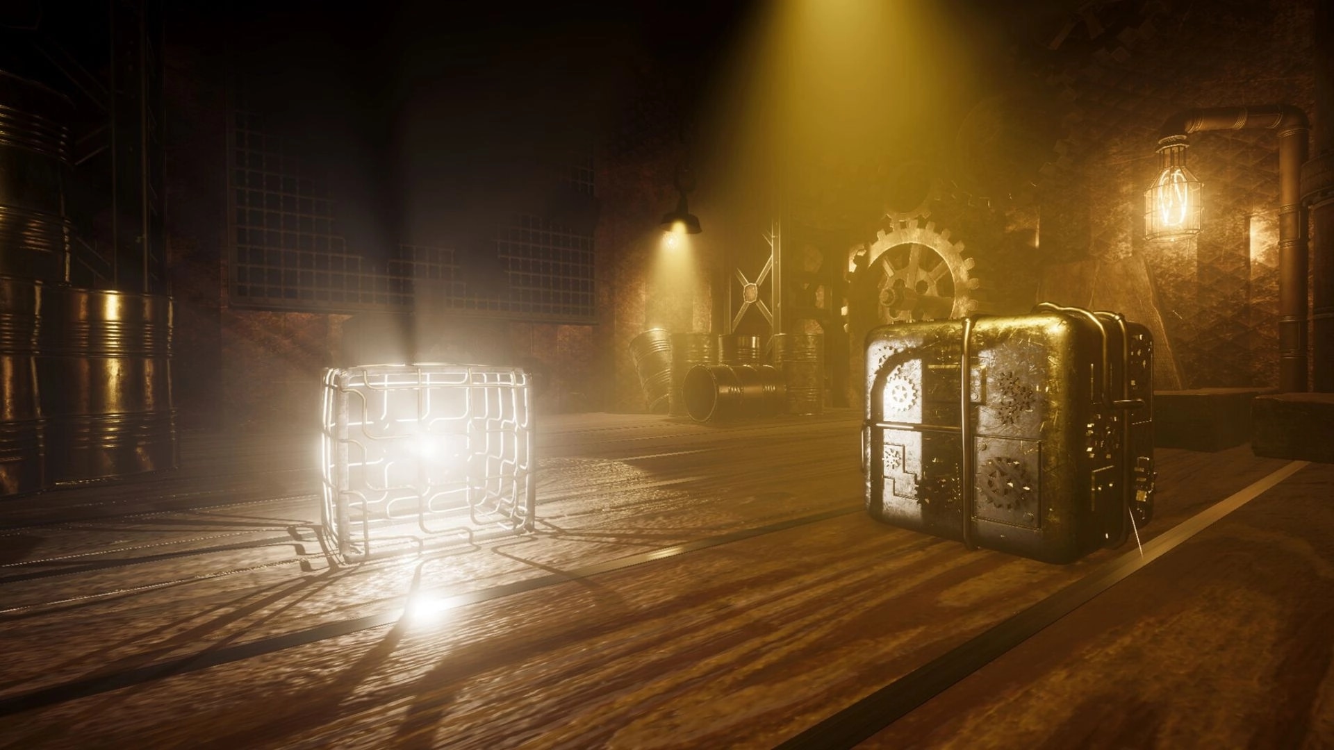 Project OBSCURE: Illuminated steampunk puzzle with glowing cube in dimly lit industrial facility