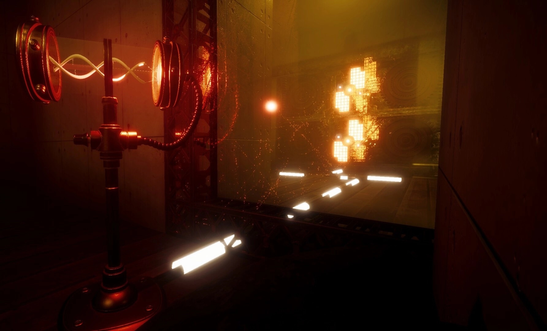 Project OBSCURE: Glowing energy beams connect steampunk devices in a dimly lit industrial corridor.