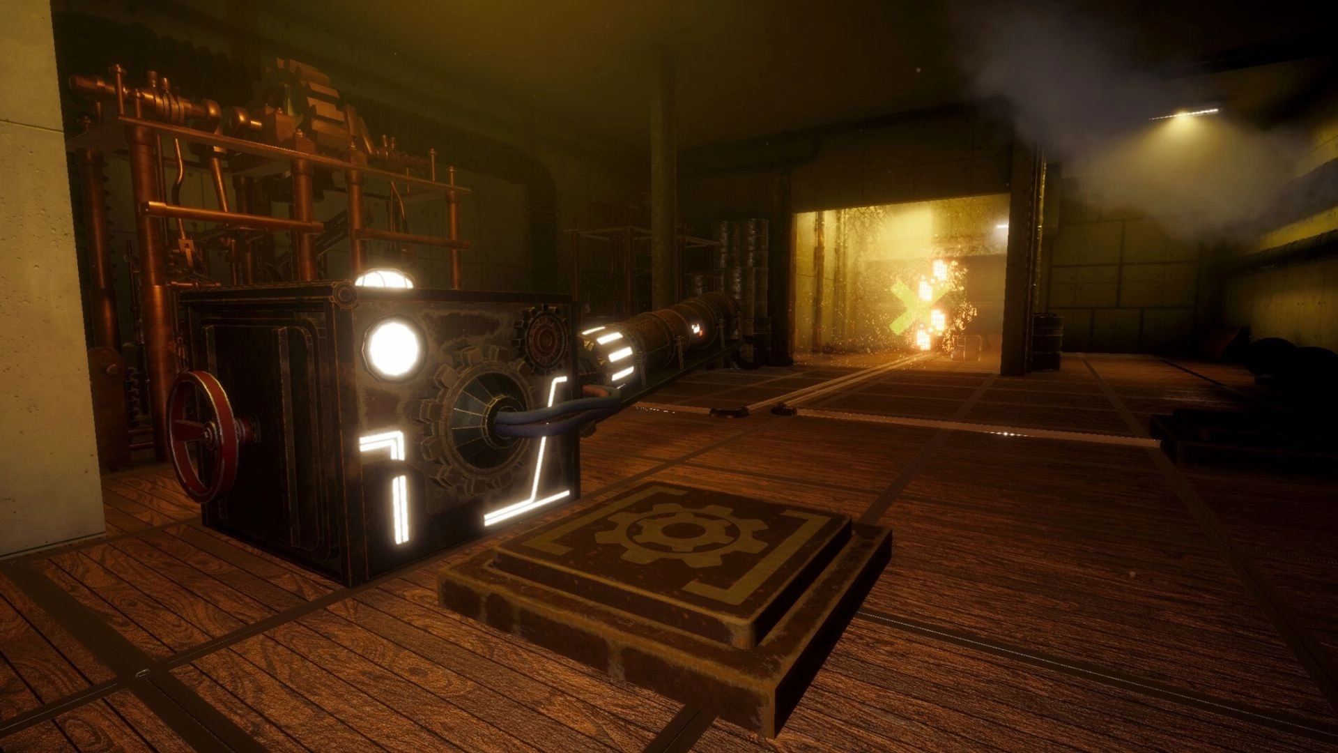Project OBSCURE: Steampunk machinery puzzle in dimly lit facility with glowing symbols on the floor