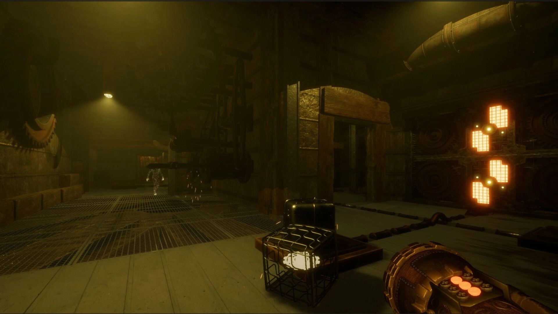 Project OBSCURE: Dimly lit steampunk corridor with glowing control panel and industrial machinery