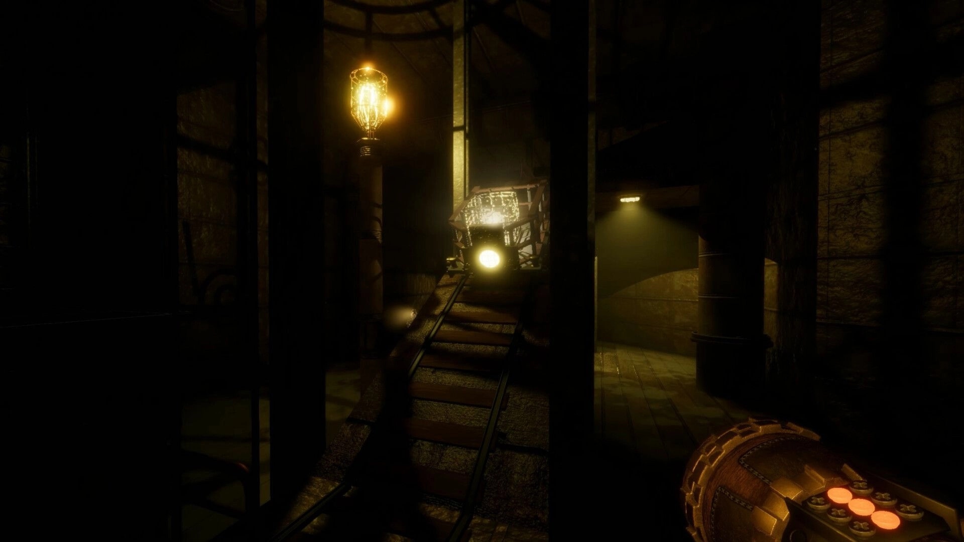 Project OBSCURE: Illuminated cart on tracks in dim steampunk facility with glowing lantern and device.
