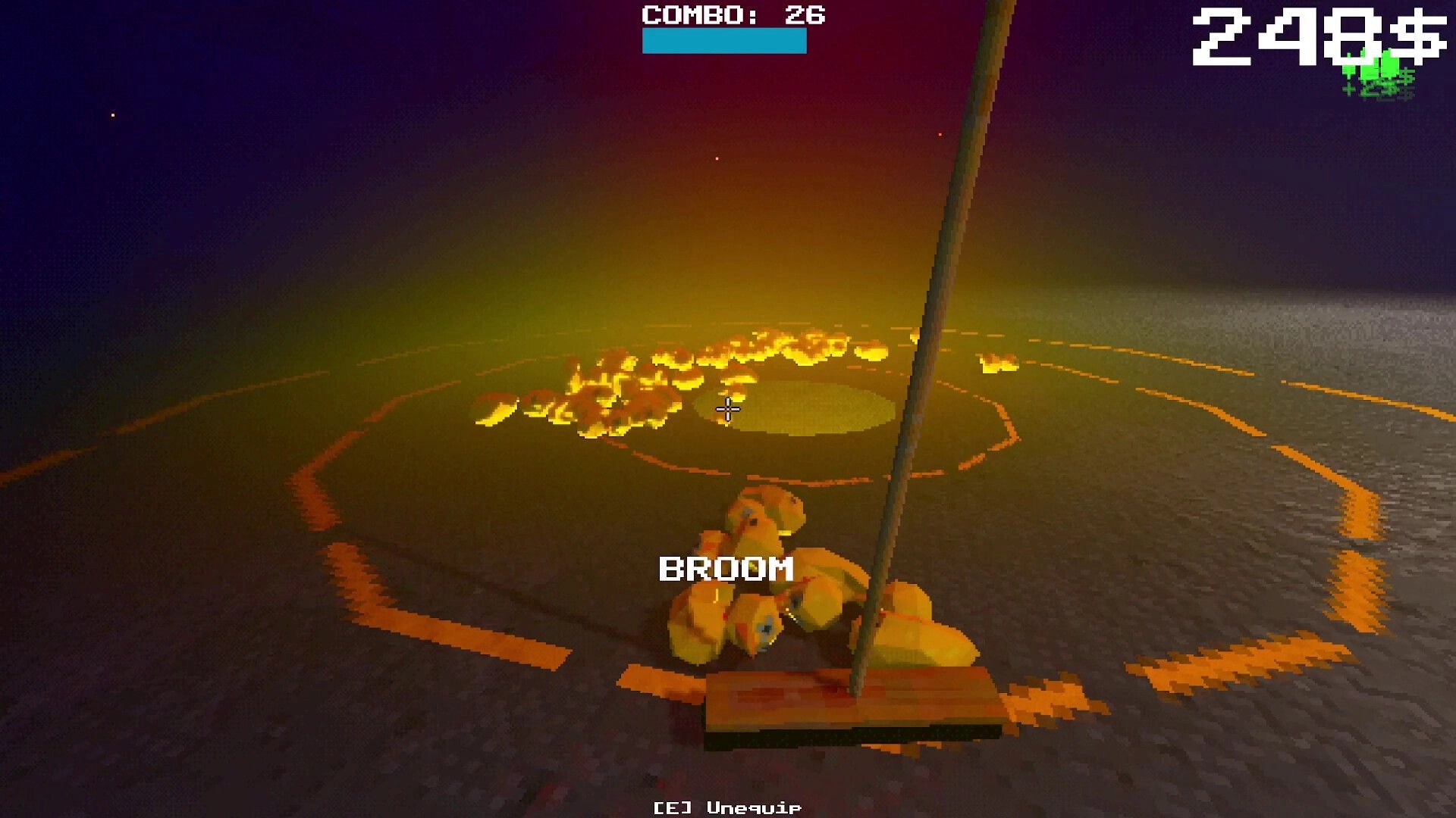 Project P.I.T.T.: First-person broom pushes rubber ducks into a glowing pit, combo 26 and 248$ HUD.