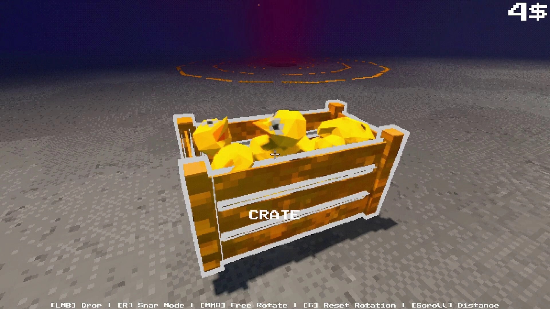 Project P.I.T.T.: A crate packed with rubber ducks, crosshair centered in a gray arena with hotkeys UI.