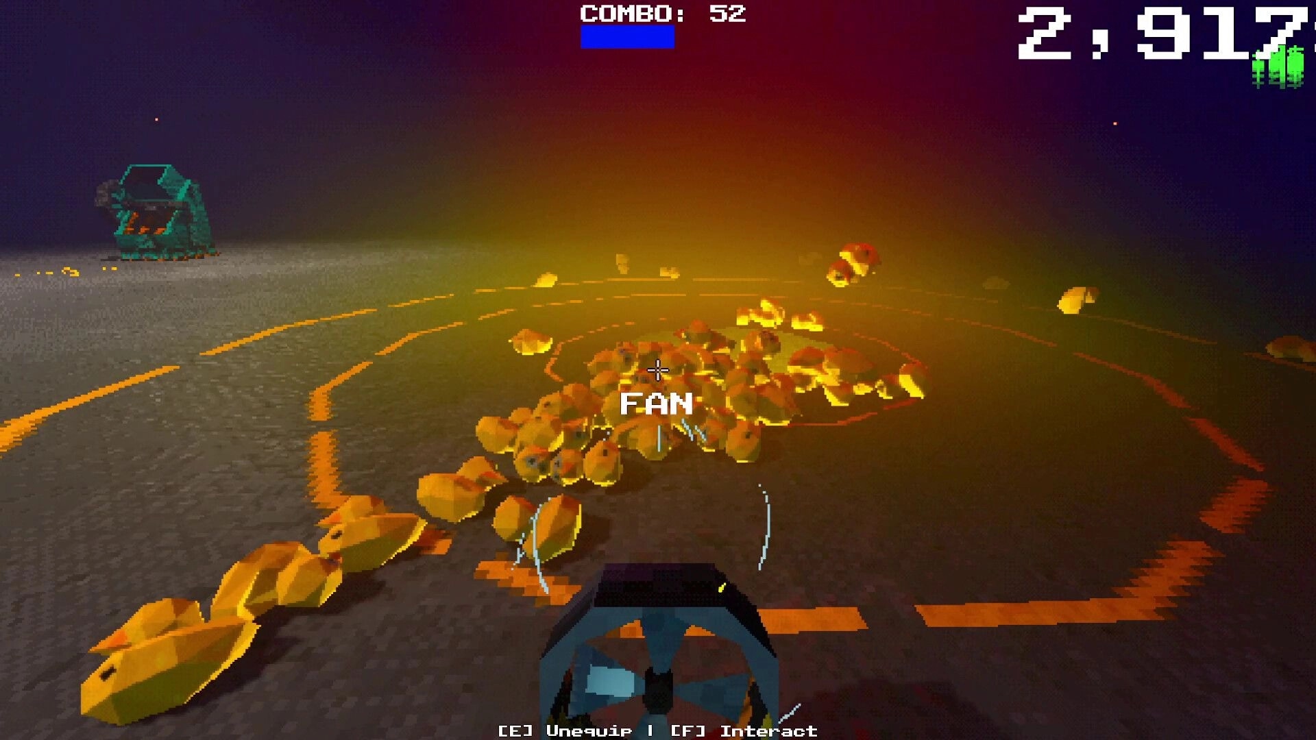Project P.I.T.T.: First-person fan tool pushes a trail of rubber ducks across a foggy lot, combo UI up top.