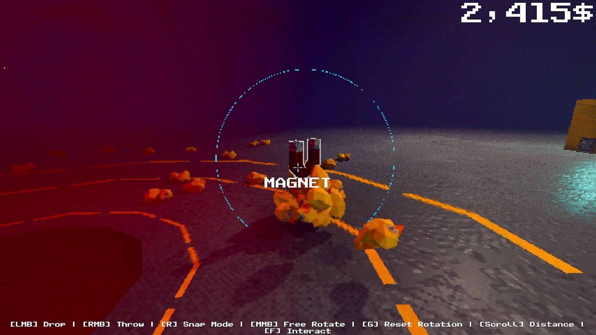 Project P.I.T.T.: Using MAGNET tool to grab rubber ducks on a gray road, money counter at 2,415$.