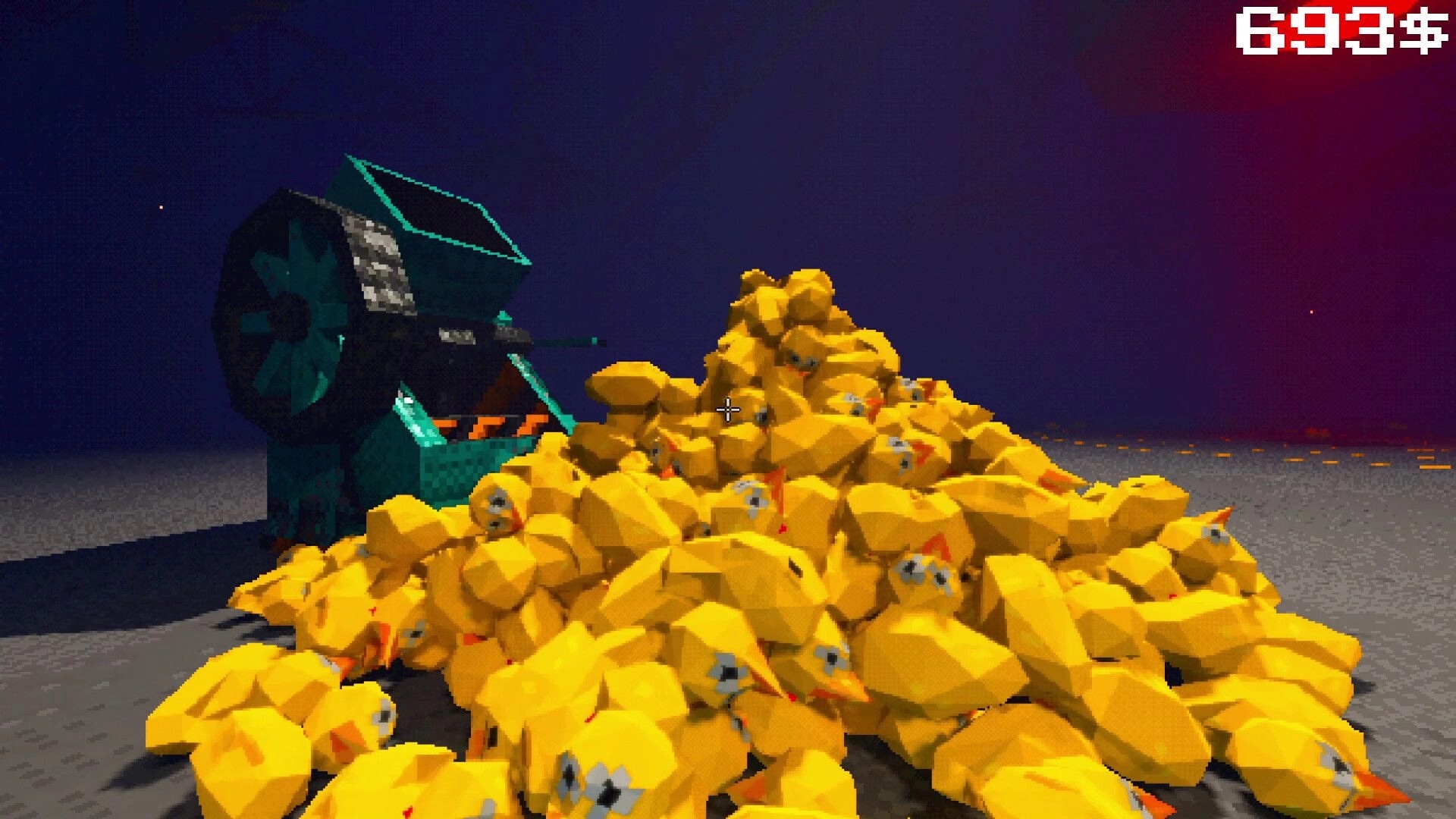 Project P.I.T.T.: Crosshair aimed at a huge pile of rubber ducks beside a teal machine, 693$ UI.
