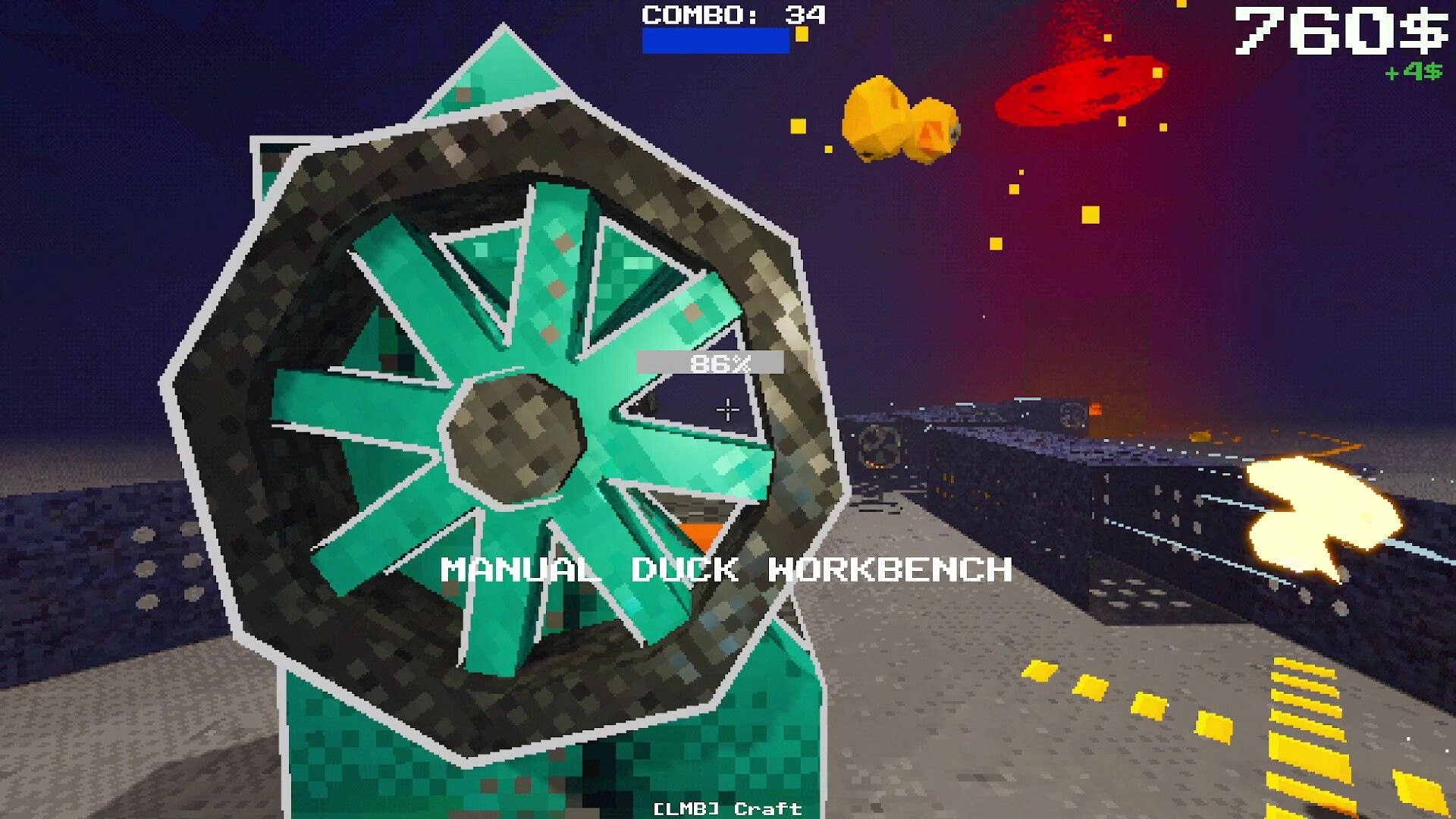 Project P.I.T.T.: Manual Duck Workbench wheel UI with combo 34 and 760$ HUD on a dark factory catwalk.