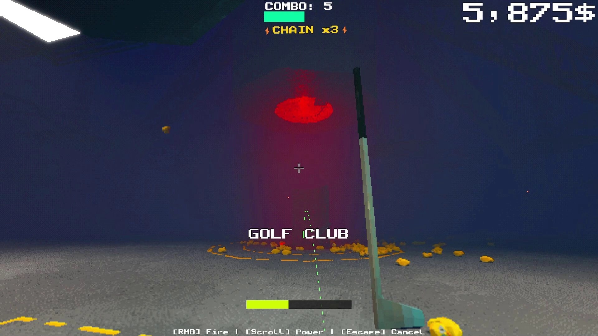 Project P.I.T.T.: First-person aiming a golf club at a red glowing maw in a foggy room, combo UI up top.
