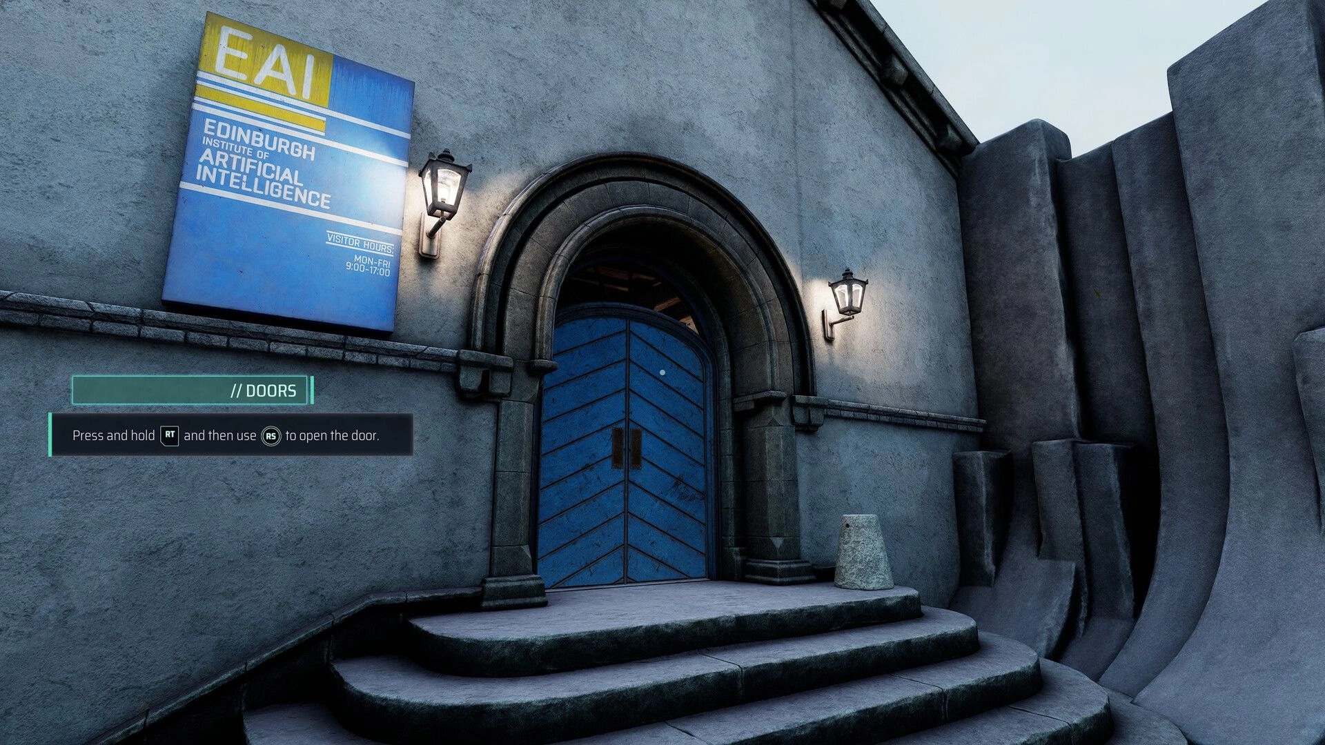 Project ReMind: Blue door at Edinburgh Institute of AI, prompt to press RT and use RS to open it.