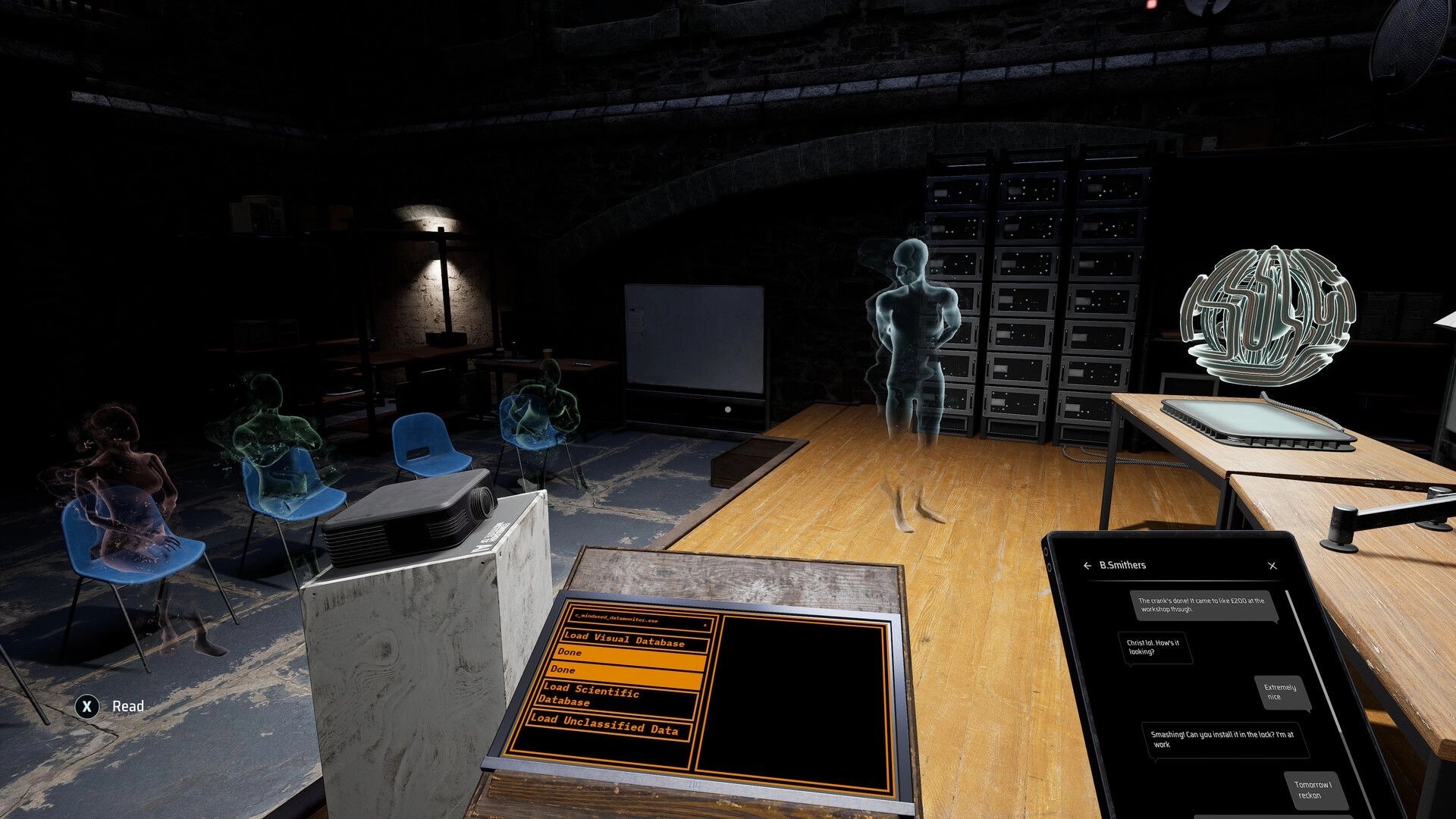 Project ReMind: Holographic figures in a dark lab with database interface and messaging device visible