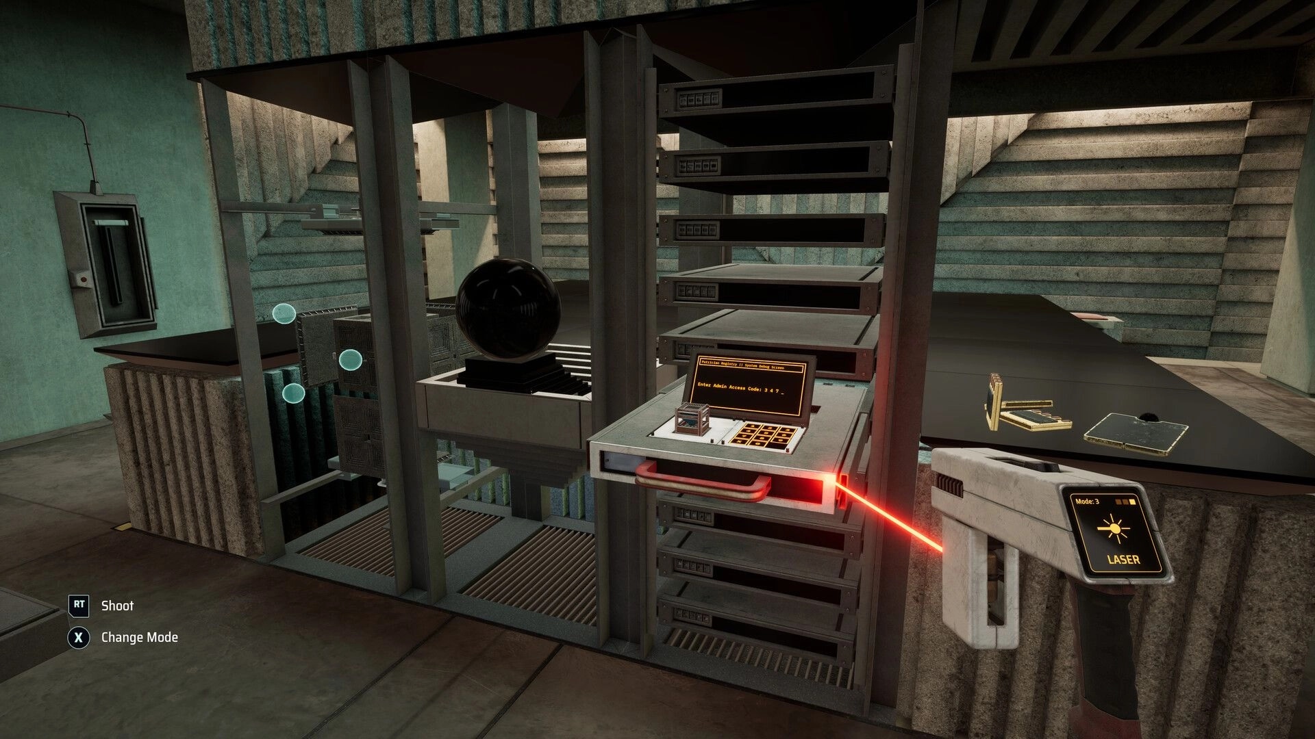 Project ReMind: Laser device targets control panel in industrial setting with stairs and machinery