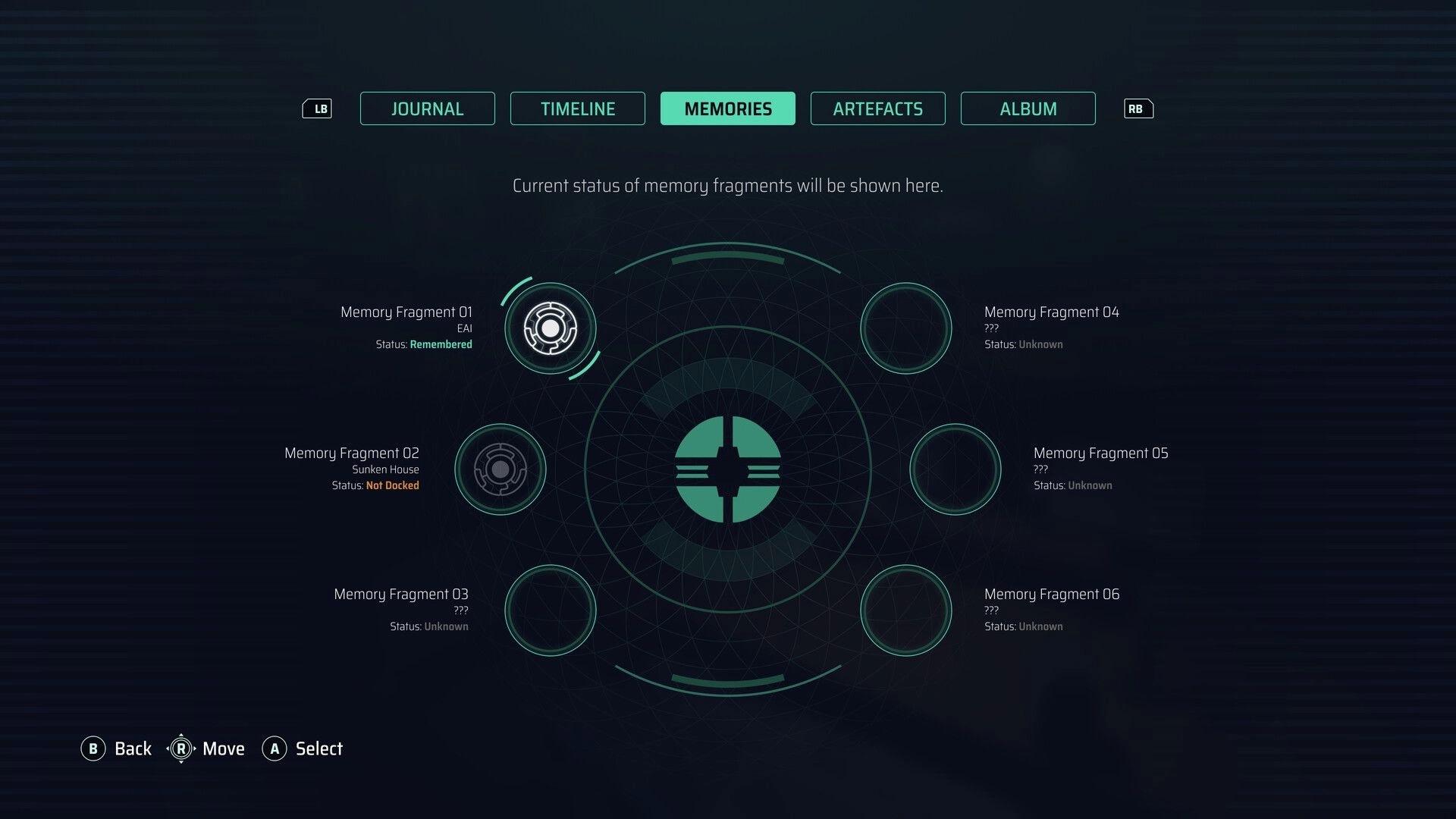 Project ReMind: Memory fragments interface with status updates in a dark, futuristic design setting