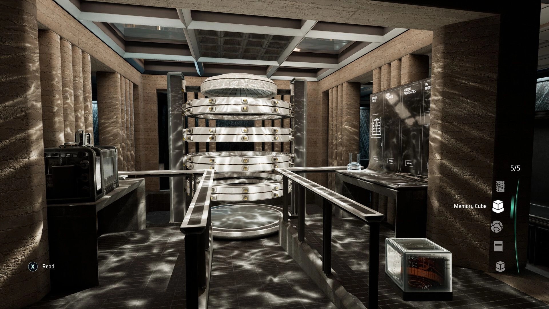 Project ReMind: Central machinery room with memory cube interface and control panels on the walls