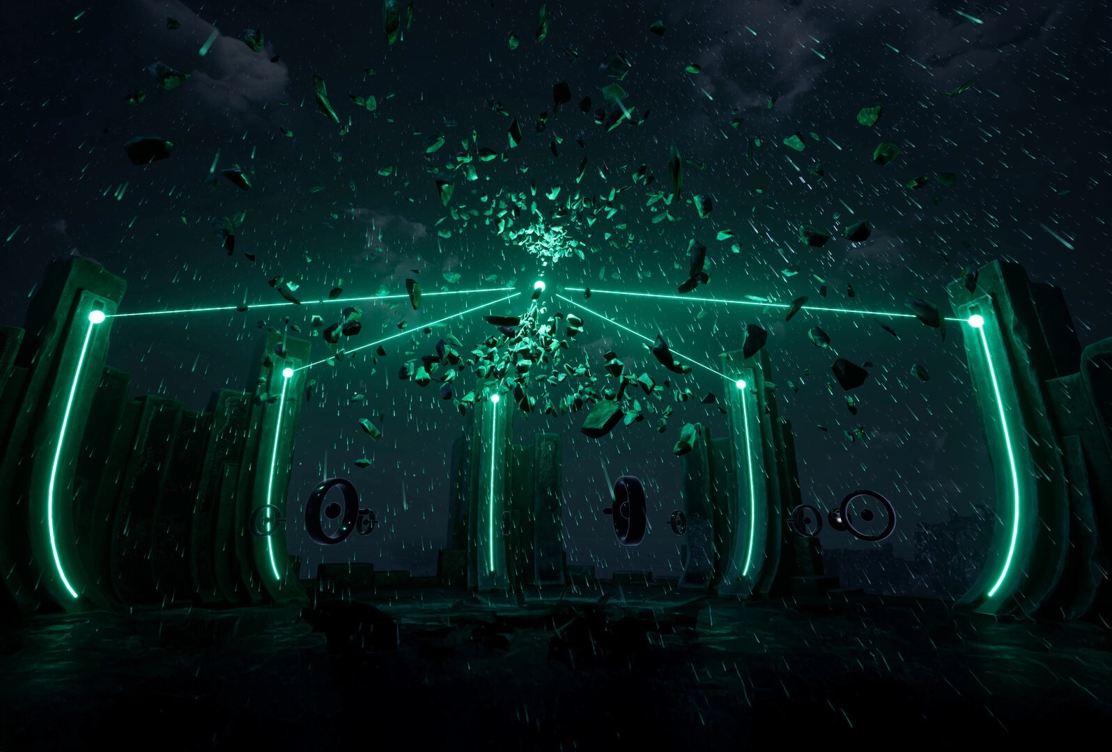 Project ReMind: Green-lit stone pillars and floating debris in a stormy, mysterious environment.