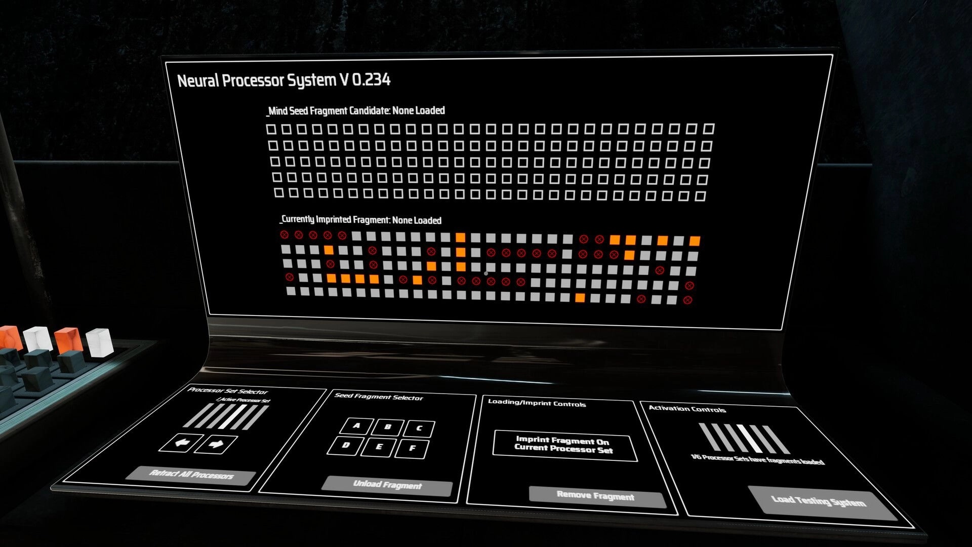 Project ReMind: Neural Processor System interface with fragment selection and imprinting options displayed