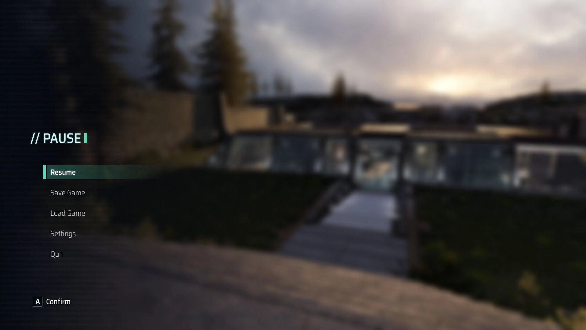 Project ReMind: Pause menu with options overlaying a blurred exterior view of a modern building and sunset.