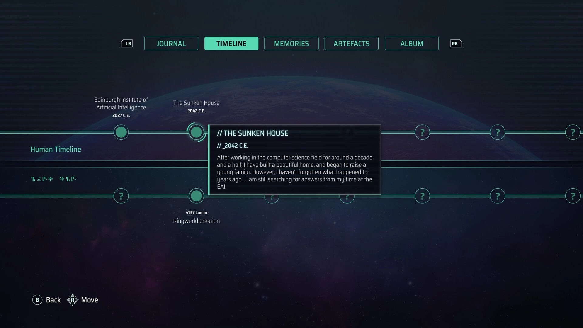Project ReMind: Timeline interface highlighting "The Sunken House" event in 2042 C.E.
