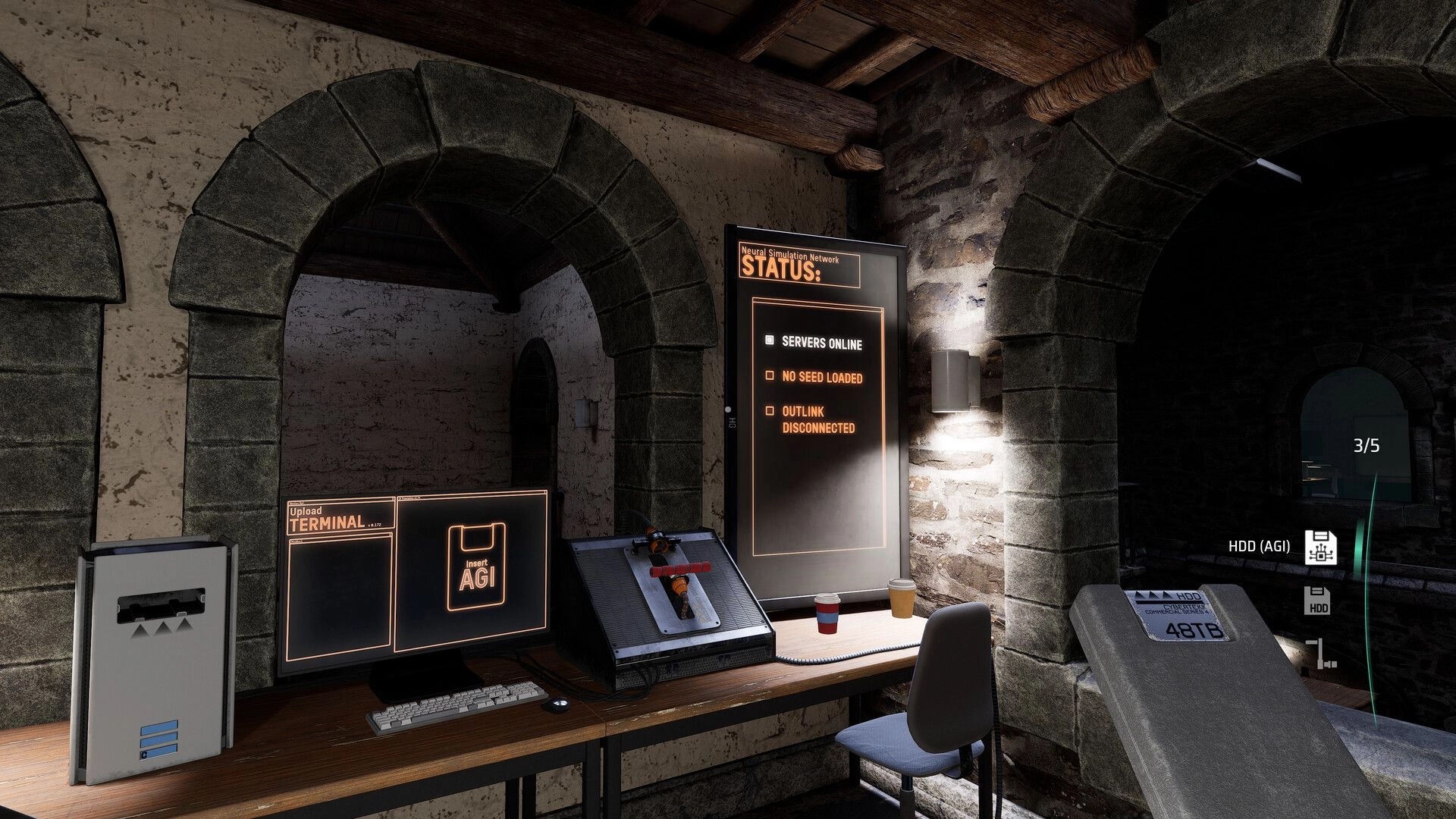 Project ReMind: Computer terminal setup in stone-walled room showing server status and AGI interface