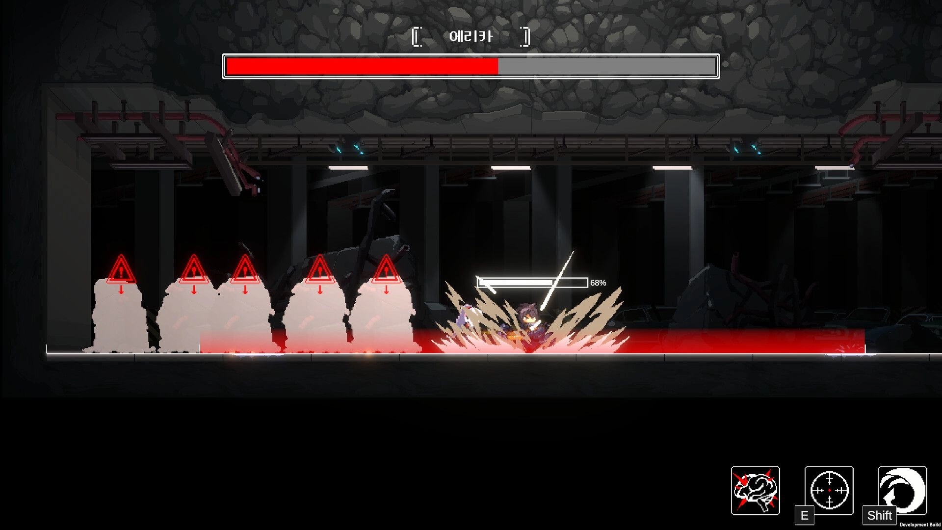 Project Revenant: Boss fight with Erika, player dodges red hazard floor in a dark industrial tunnel stage.