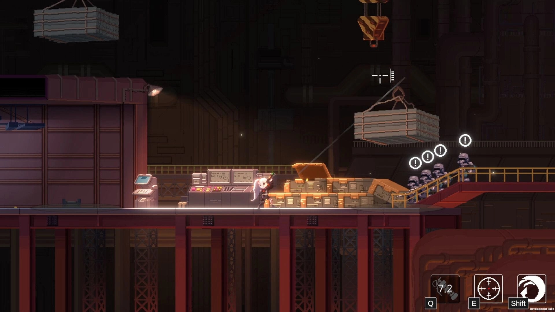 Project Revenant: White-haired shooter aims at alerted guards in a dim factory catwalk with crates and UI icons.